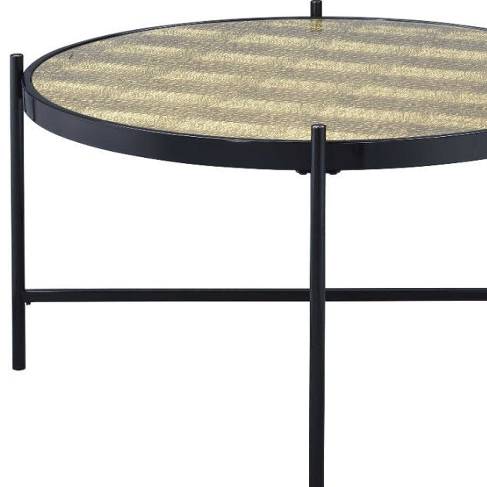 35" Black And Gold Glass And Manufactured Wood Round Coffee Table