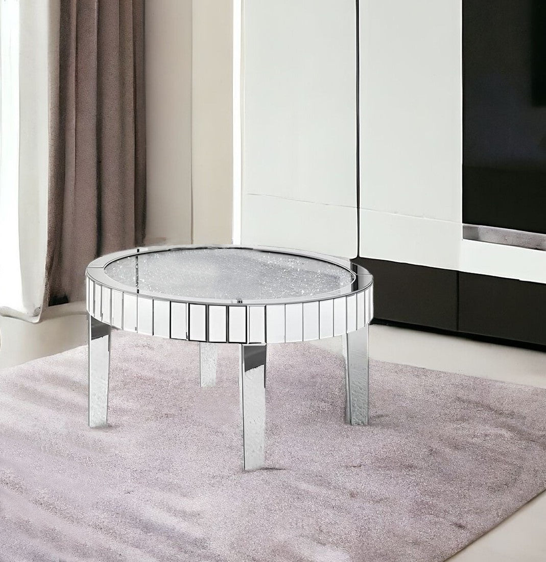 32" Clear And Silver Glass Round Mirrored Coffee Table