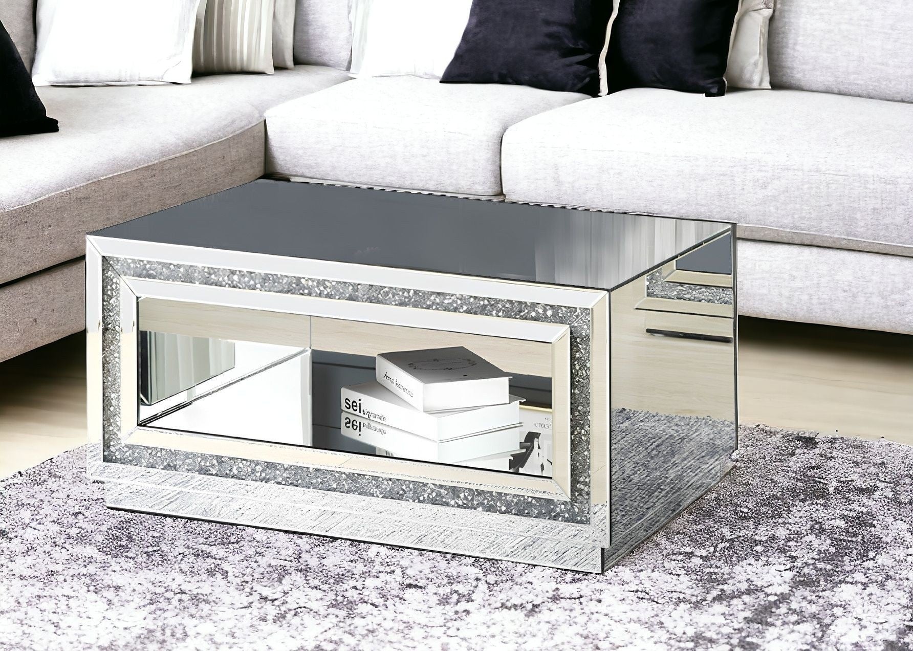 35" Silver Glass Mirrored Coffee Table With Shelf