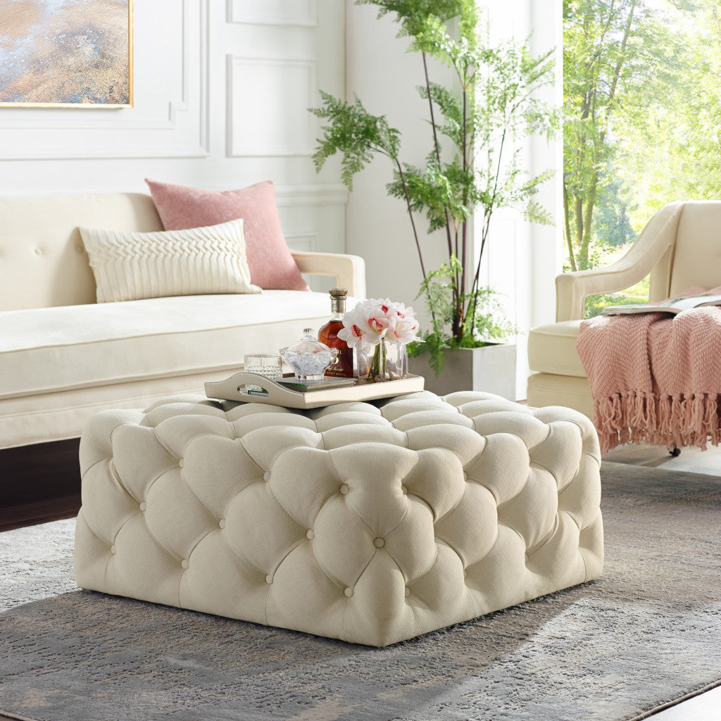 33" Blush Velvet Rolling Tufted Cocktail Ottoman