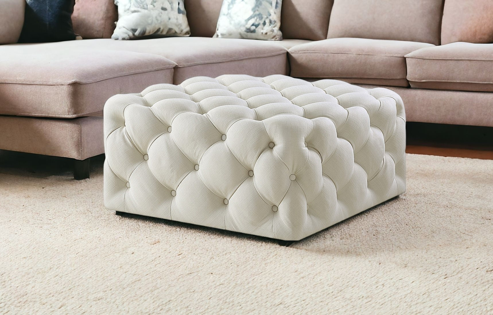 33" Blush Velvet Rolling Tufted Cocktail Ottoman