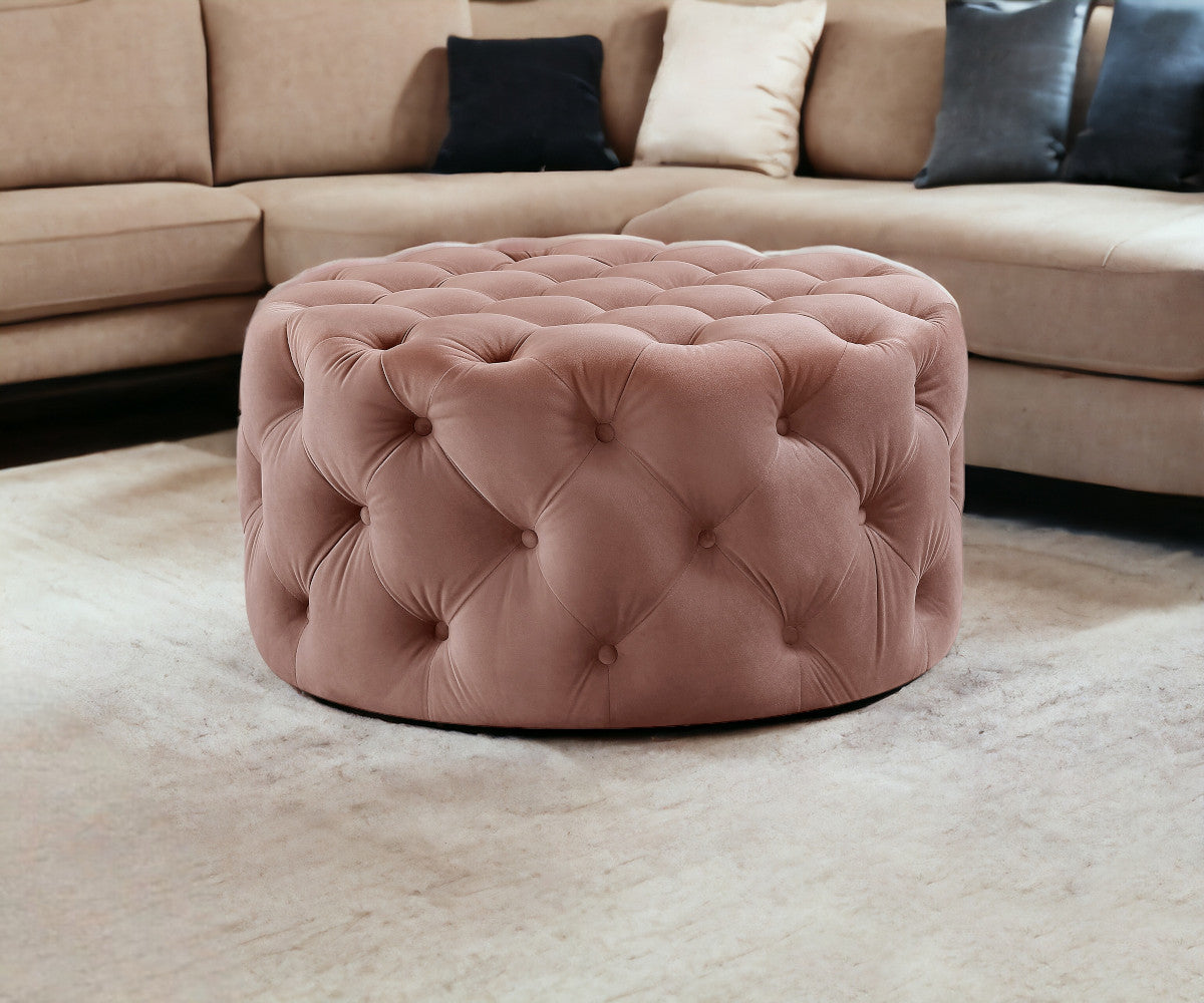 33" Beige Linen  Rolling Tufted Round Cocktail Ottoman