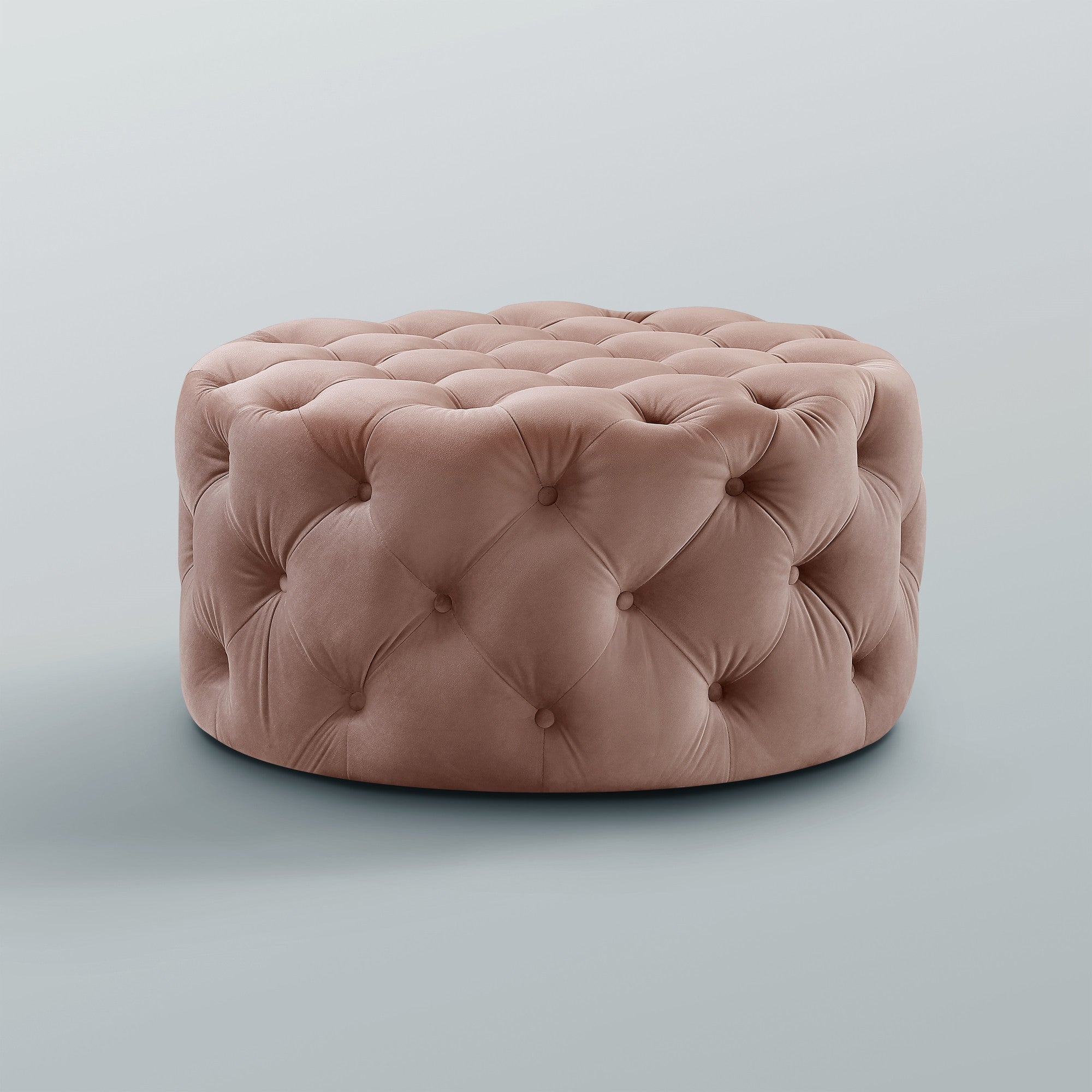 33" Beige Linen  Rolling Tufted Round Cocktail Ottoman