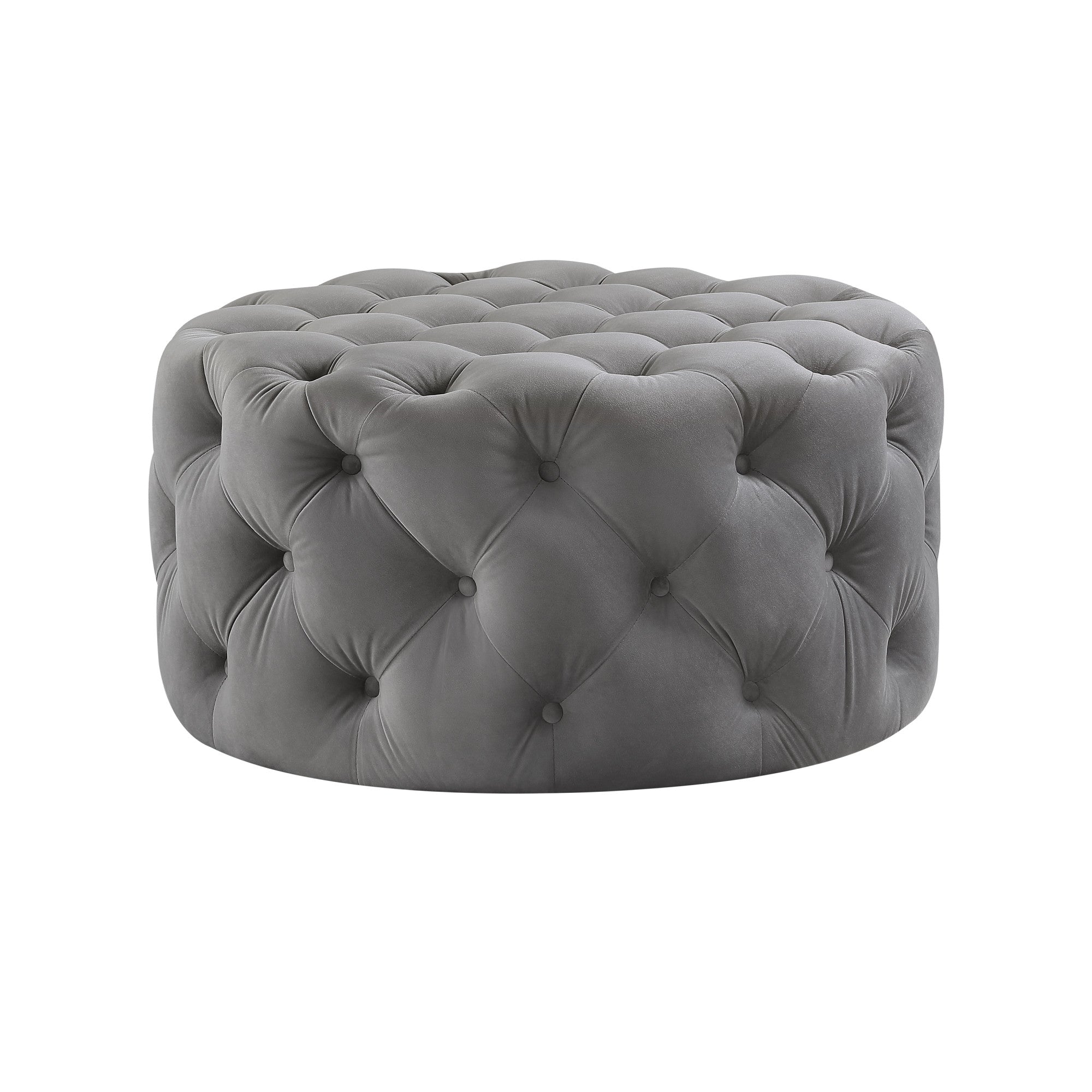 33" Beige Linen  Rolling Tufted Round Cocktail Ottoman