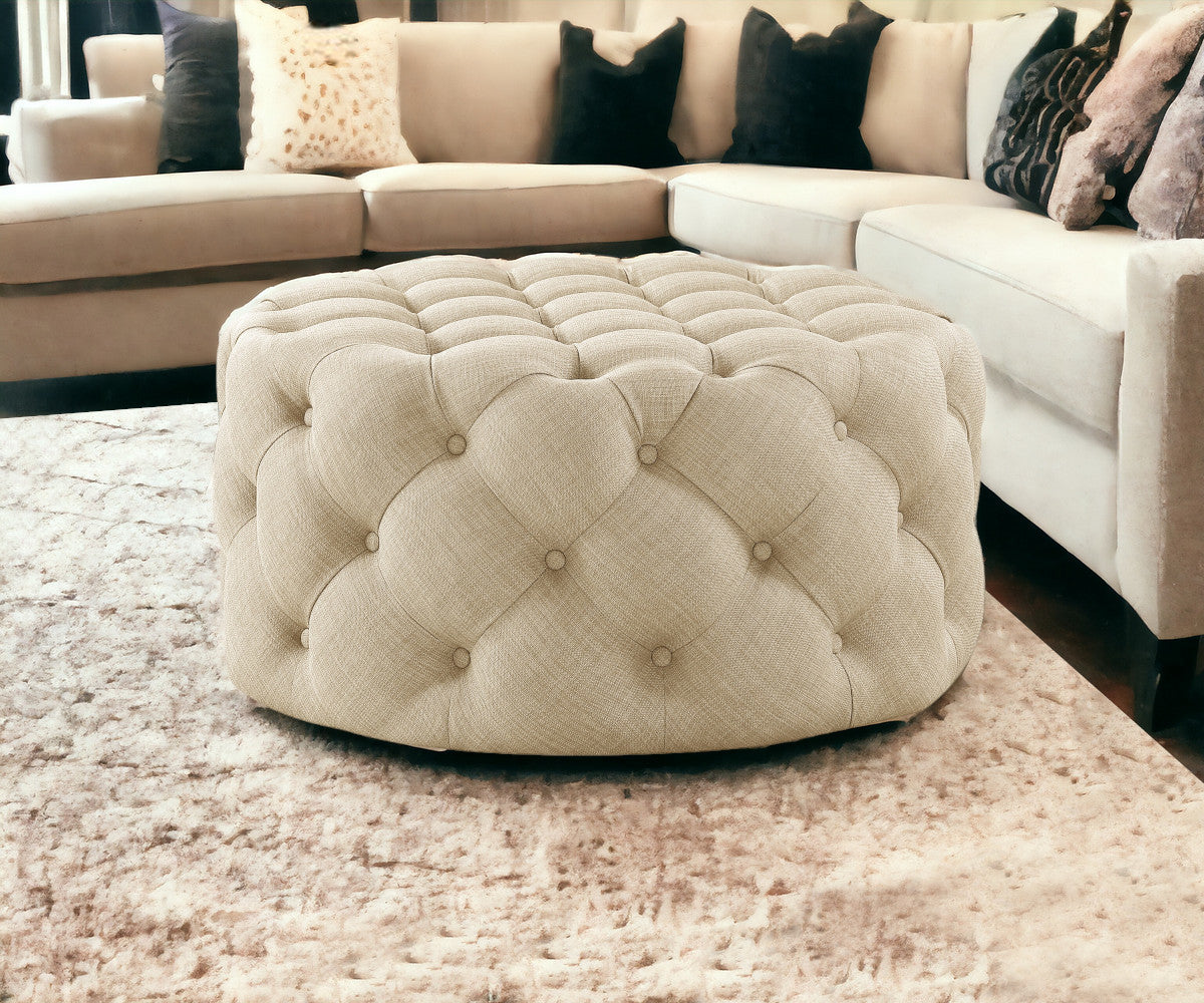 33" Beige Linen  Rolling Tufted Round Cocktail Ottoman