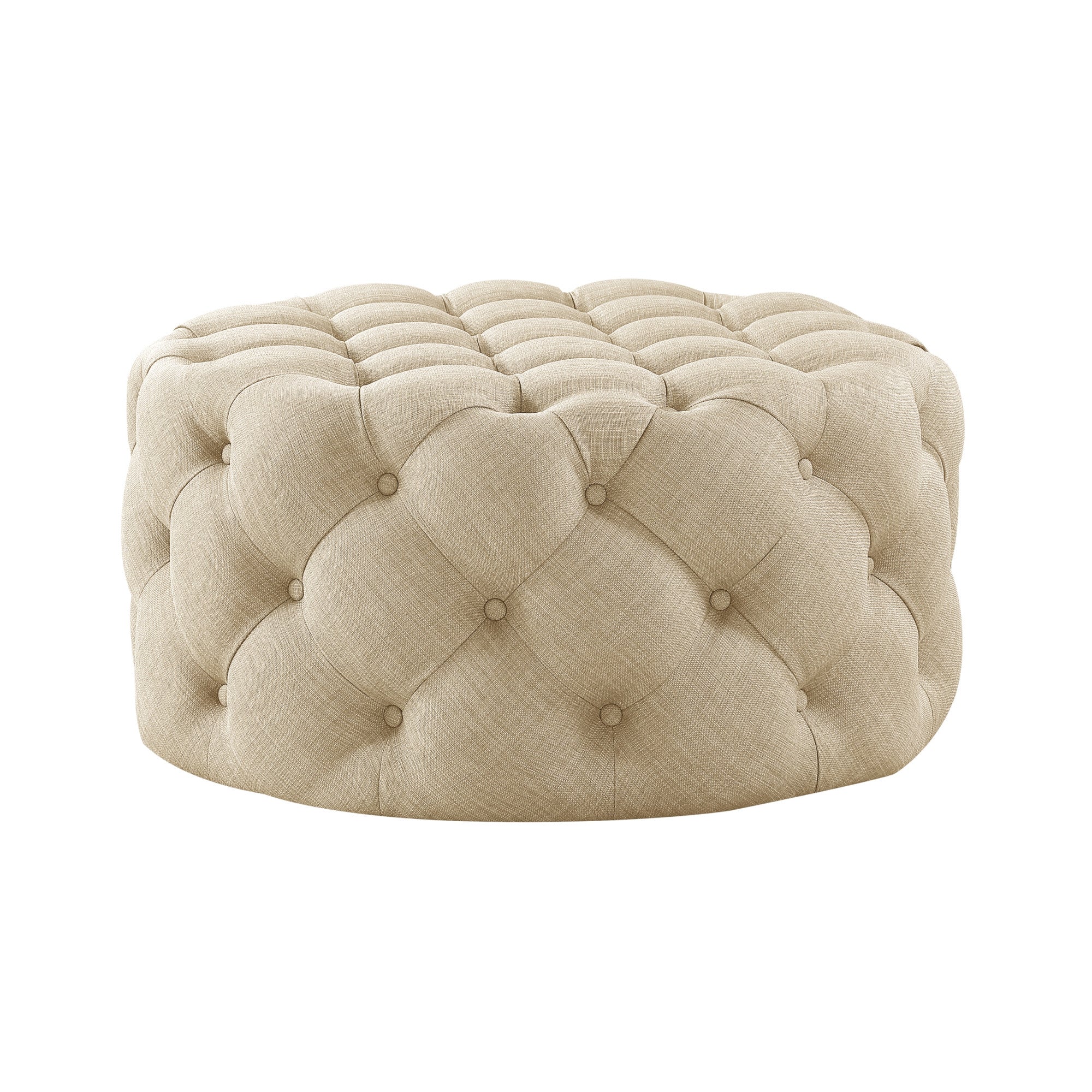 33" Beige Linen  Rolling Tufted Round Cocktail Ottoman