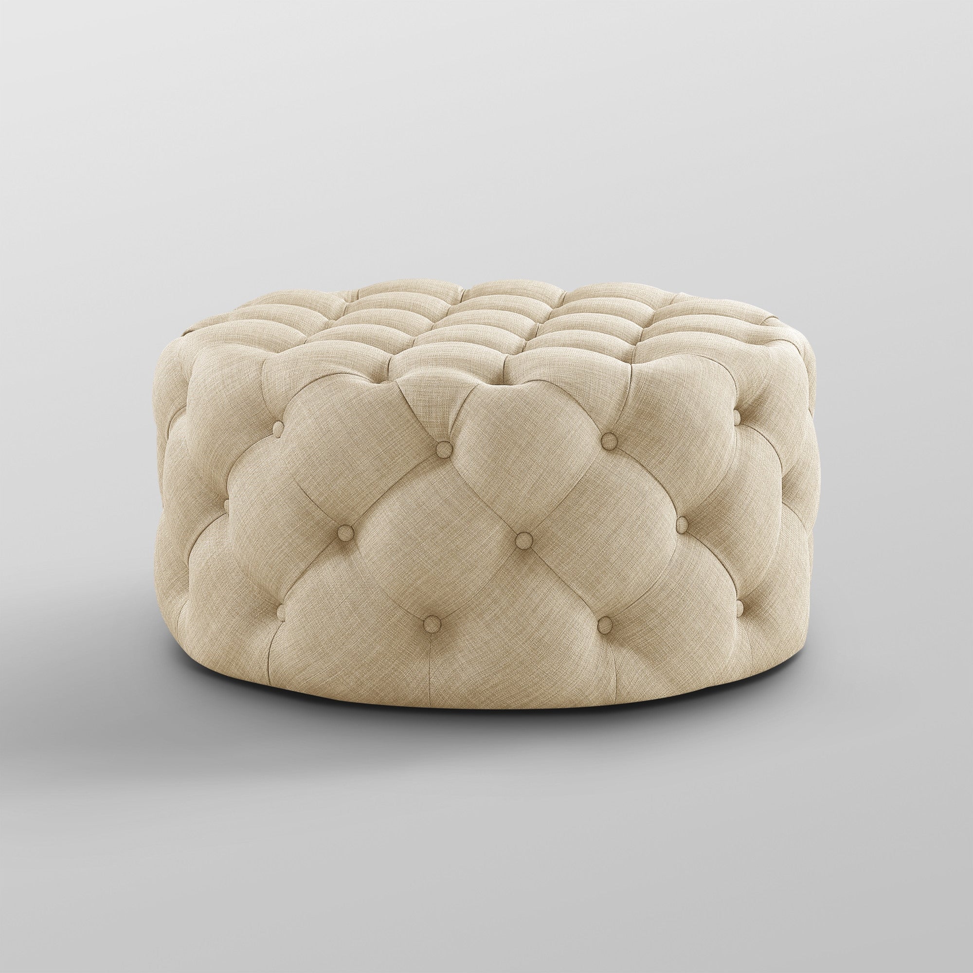 33" Beige Linen  Rolling Tufted Round Cocktail Ottoman