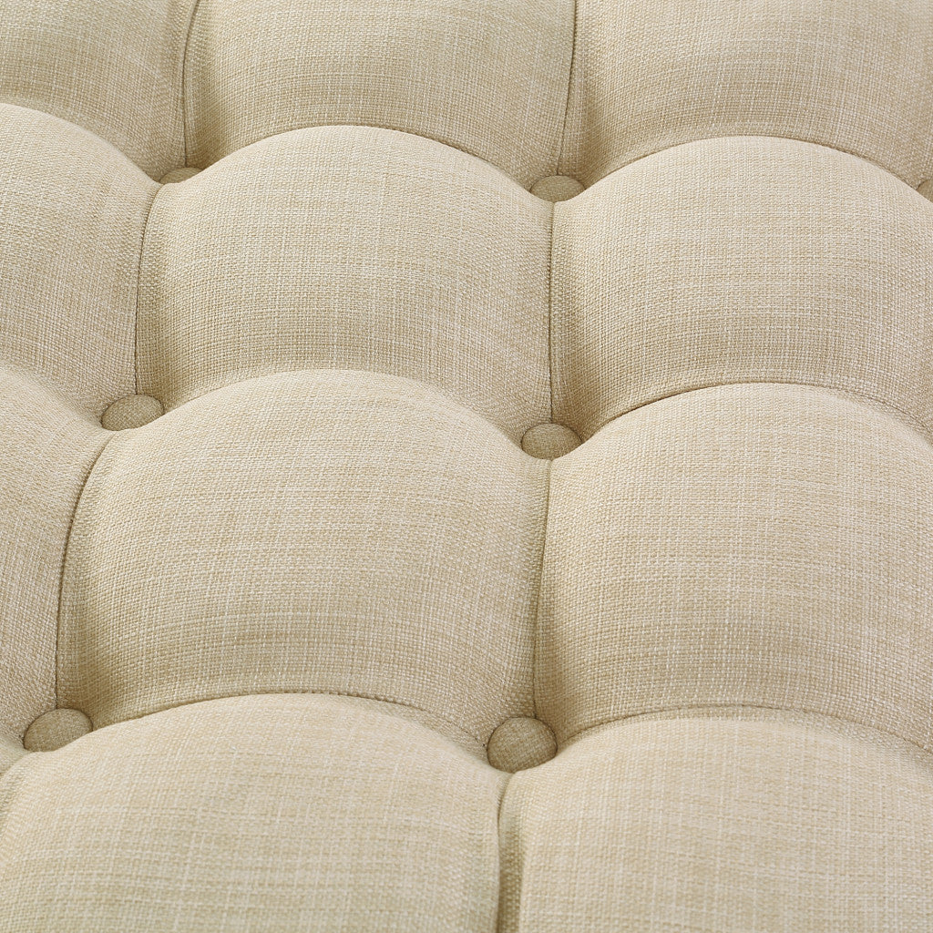 33" Beige Linen  Rolling Tufted Round Cocktail Ottoman