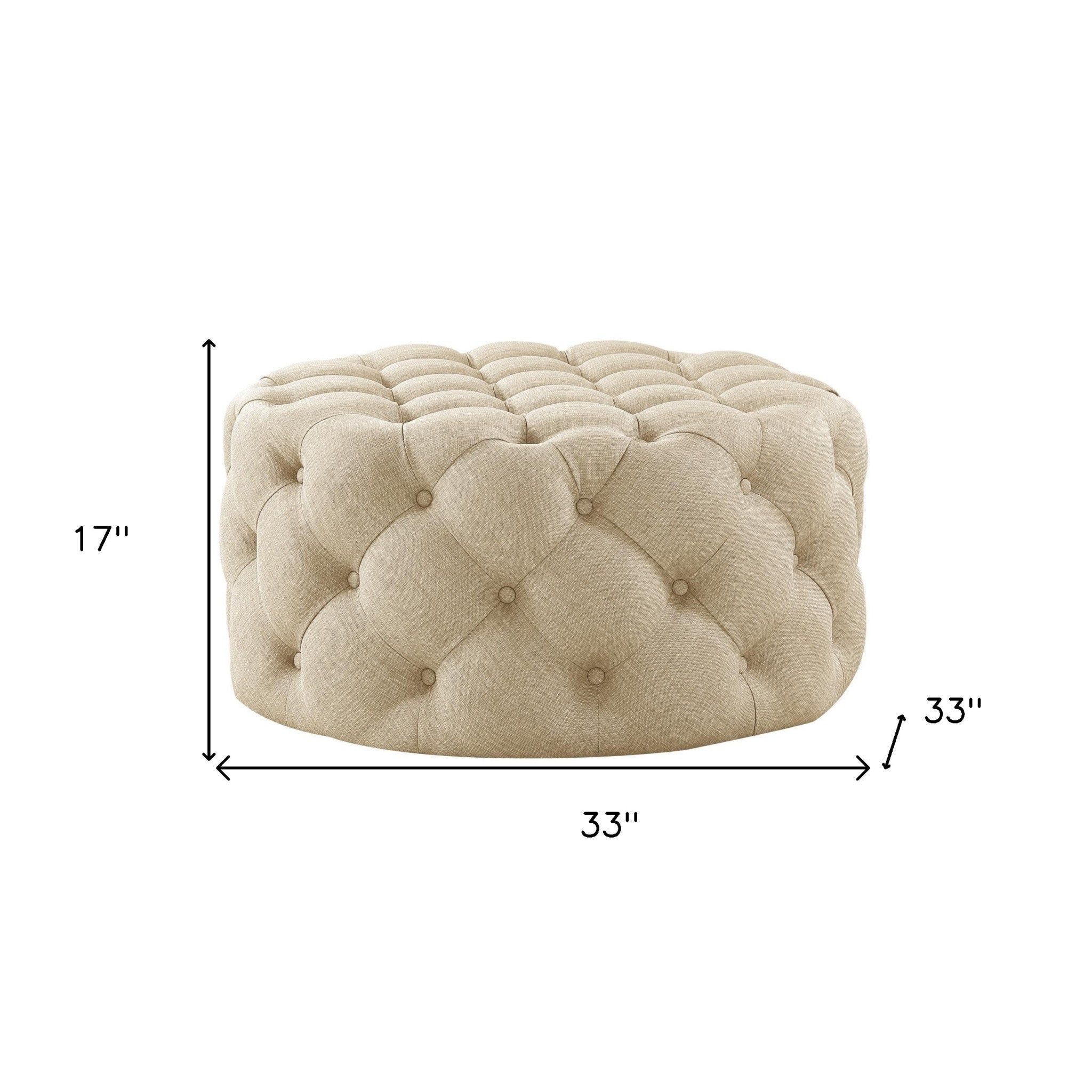 33" Beige Linen  Rolling Tufted Round Cocktail Ottoman