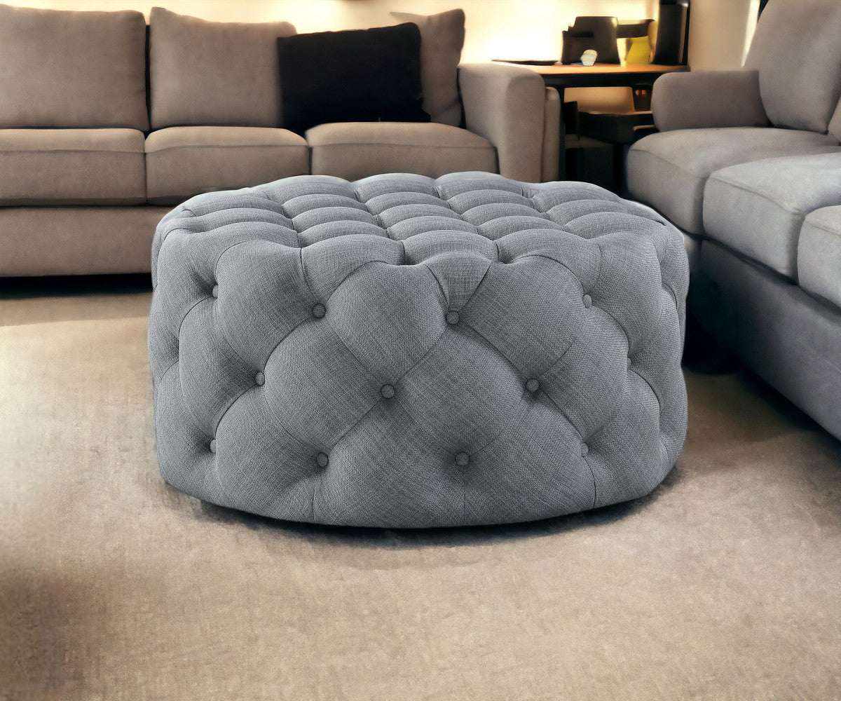 33" Beige Linen  Rolling Tufted Round Cocktail Ottoman