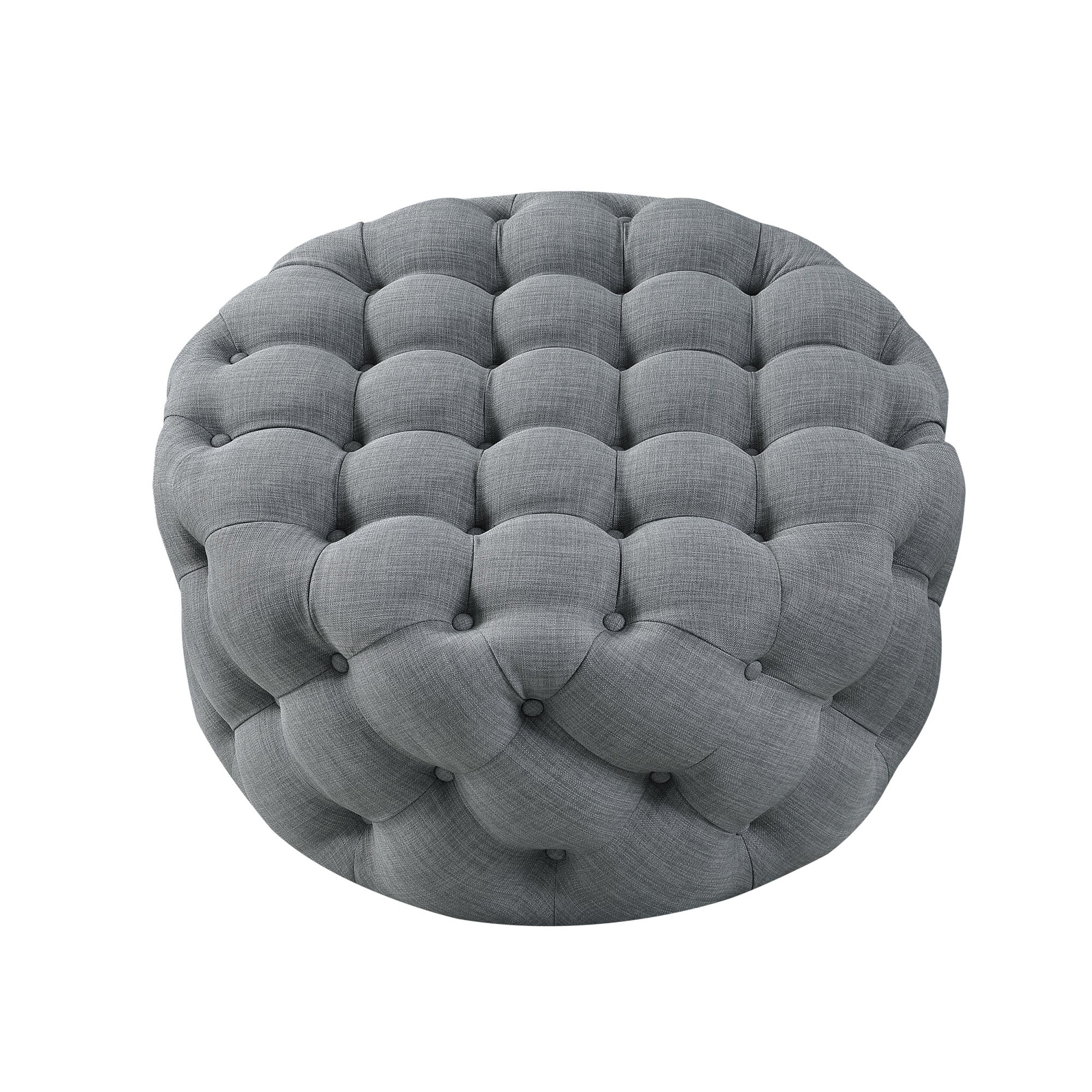 33" Beige Linen  Rolling Tufted Round Cocktail Ottoman