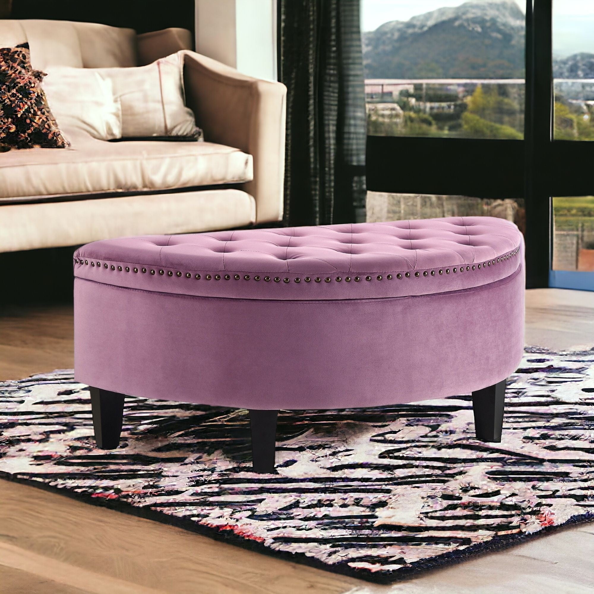 44" Blush Velvet And Black Tufted Half Circle Storage