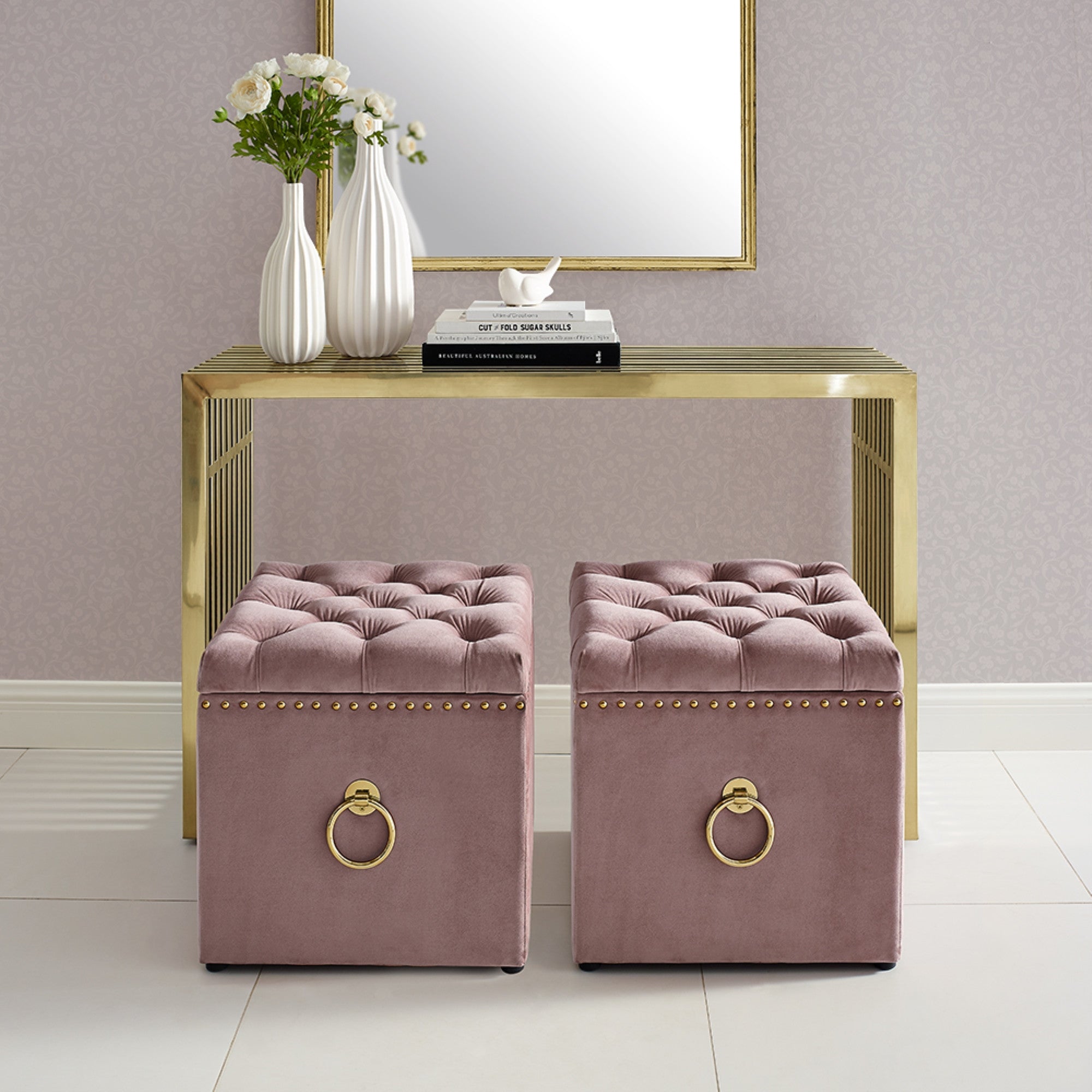 18" Blush Velvet And Black Tufted Storage