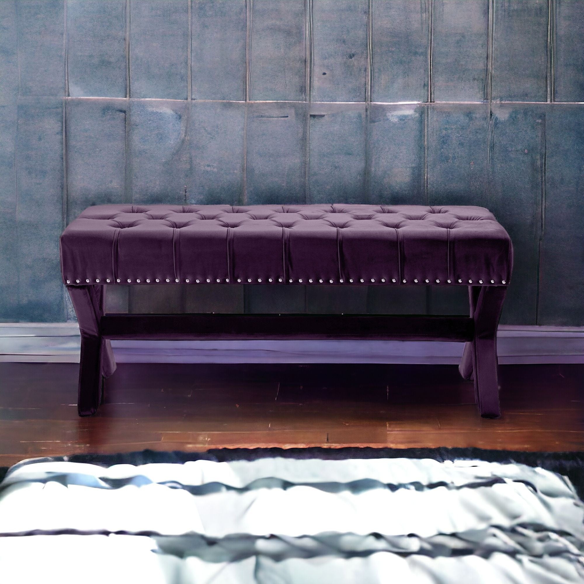 45" Plum And Purple Upholstered Velvet Bench