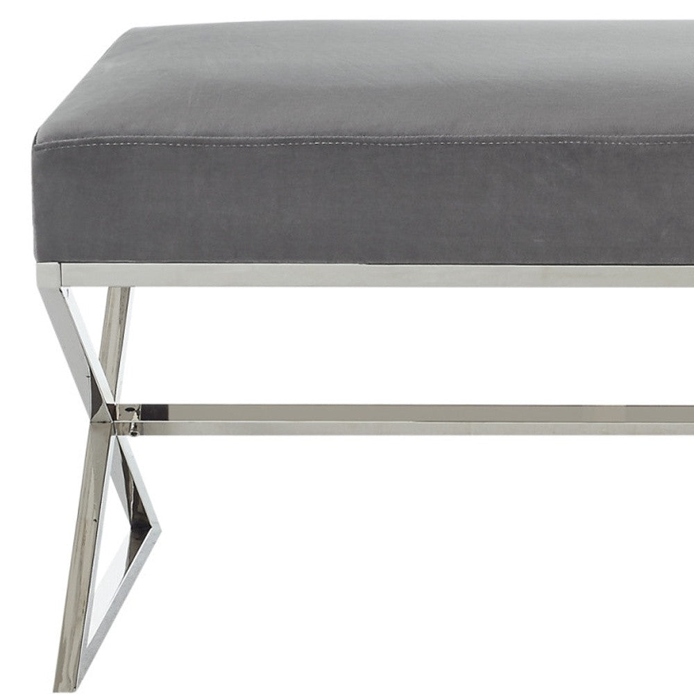 48" Gray And Silver Upholstered Velvet Bench