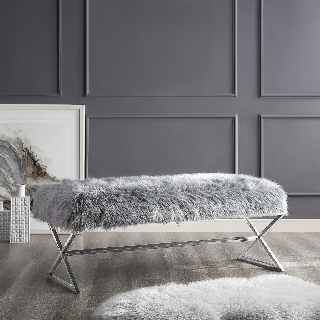 48" Gray And Silver Upholstered Velvet Bench