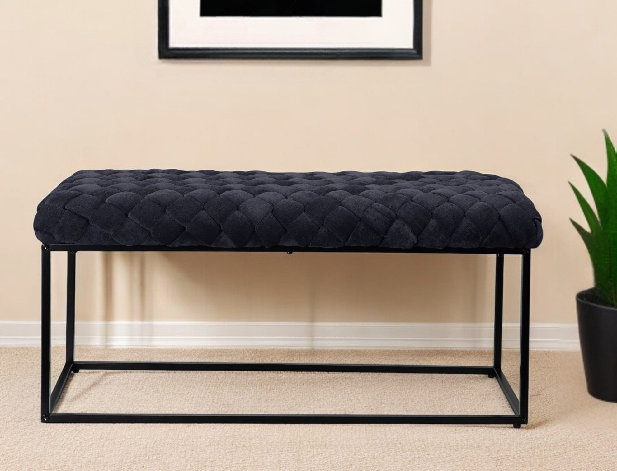 39" Navy Blue And Black Upholstered Velvet Bench