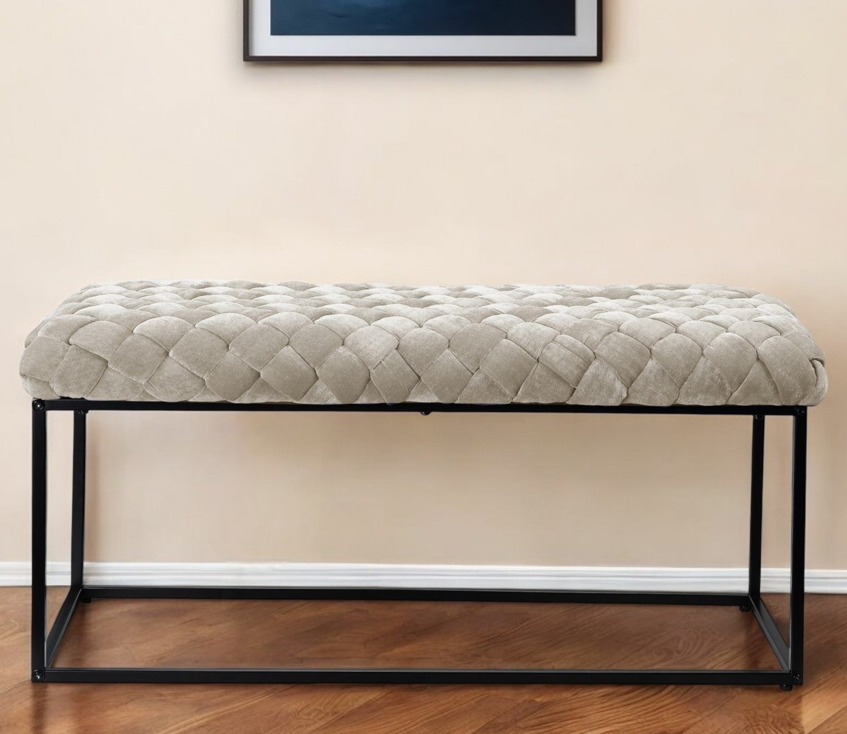 39" Navy Blue and Black Velvet Upholstered Bench