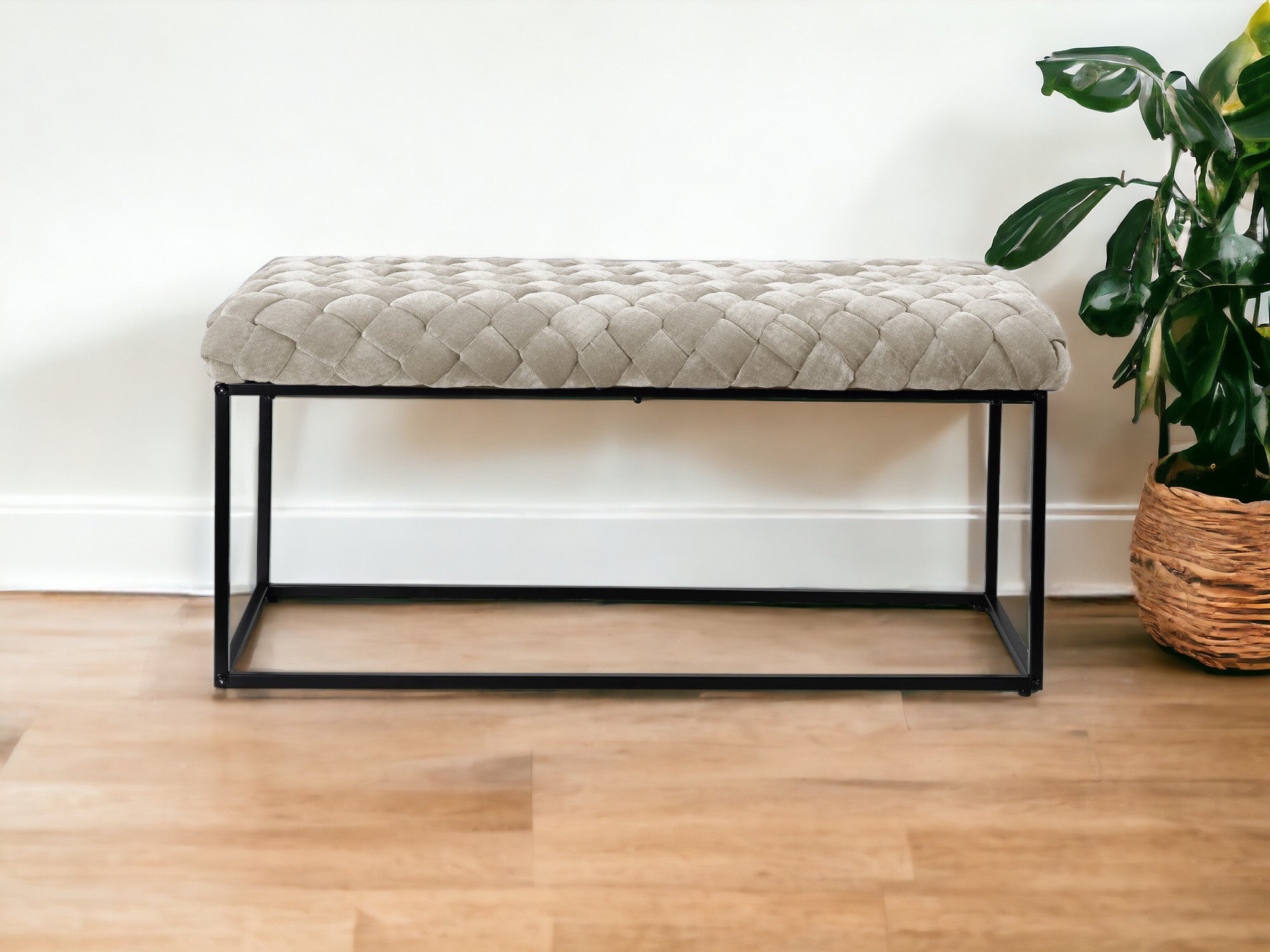 39" Navy Blue And Black Upholstered Velvet Bench