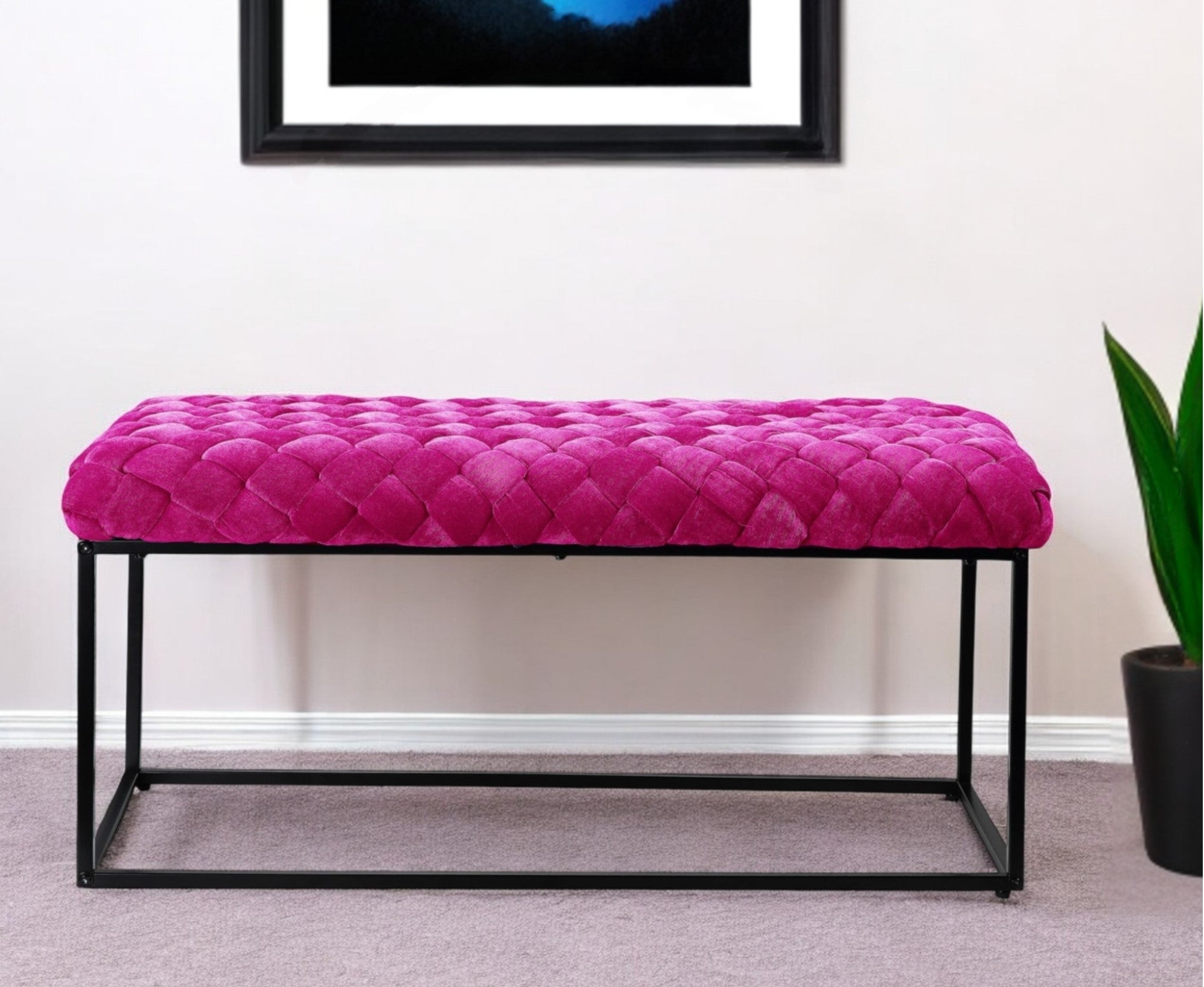 39" Navy Blue And Black Upholstered Velvet Bench