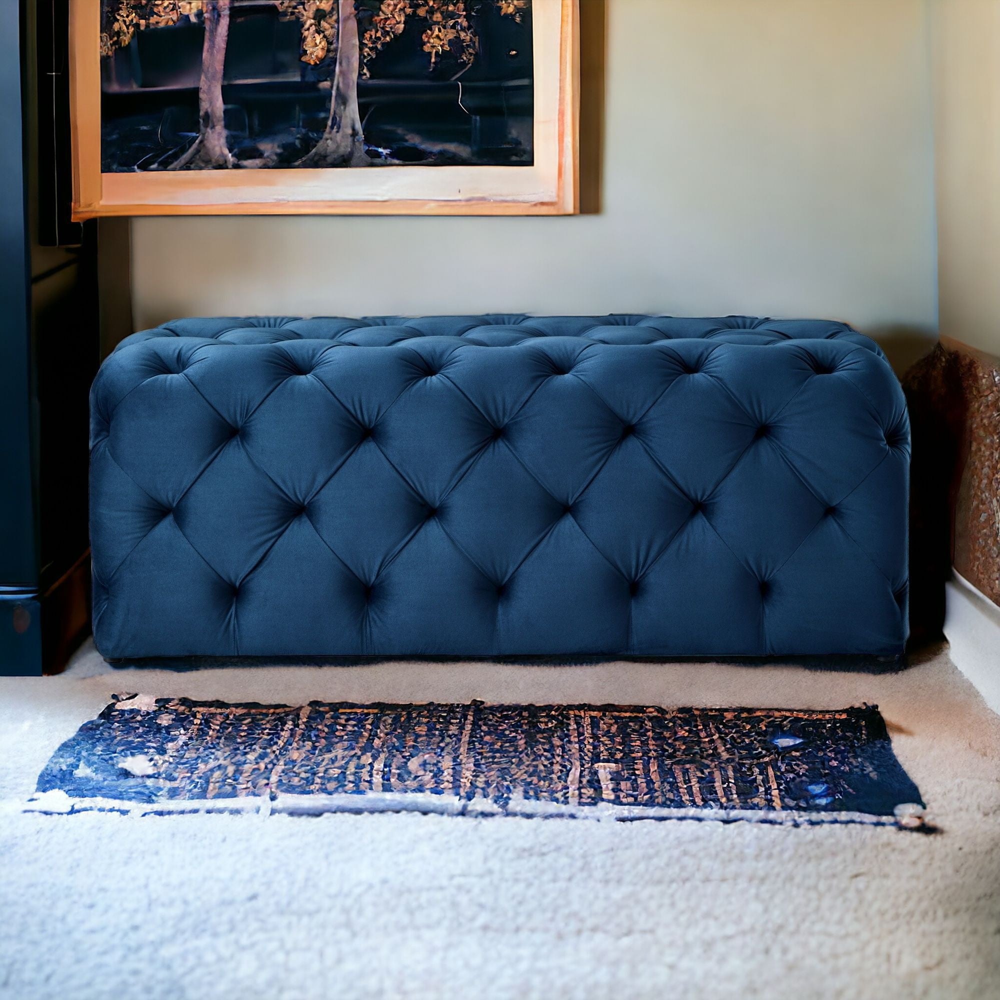 48" Cream And Black Upholstered Linen Bench