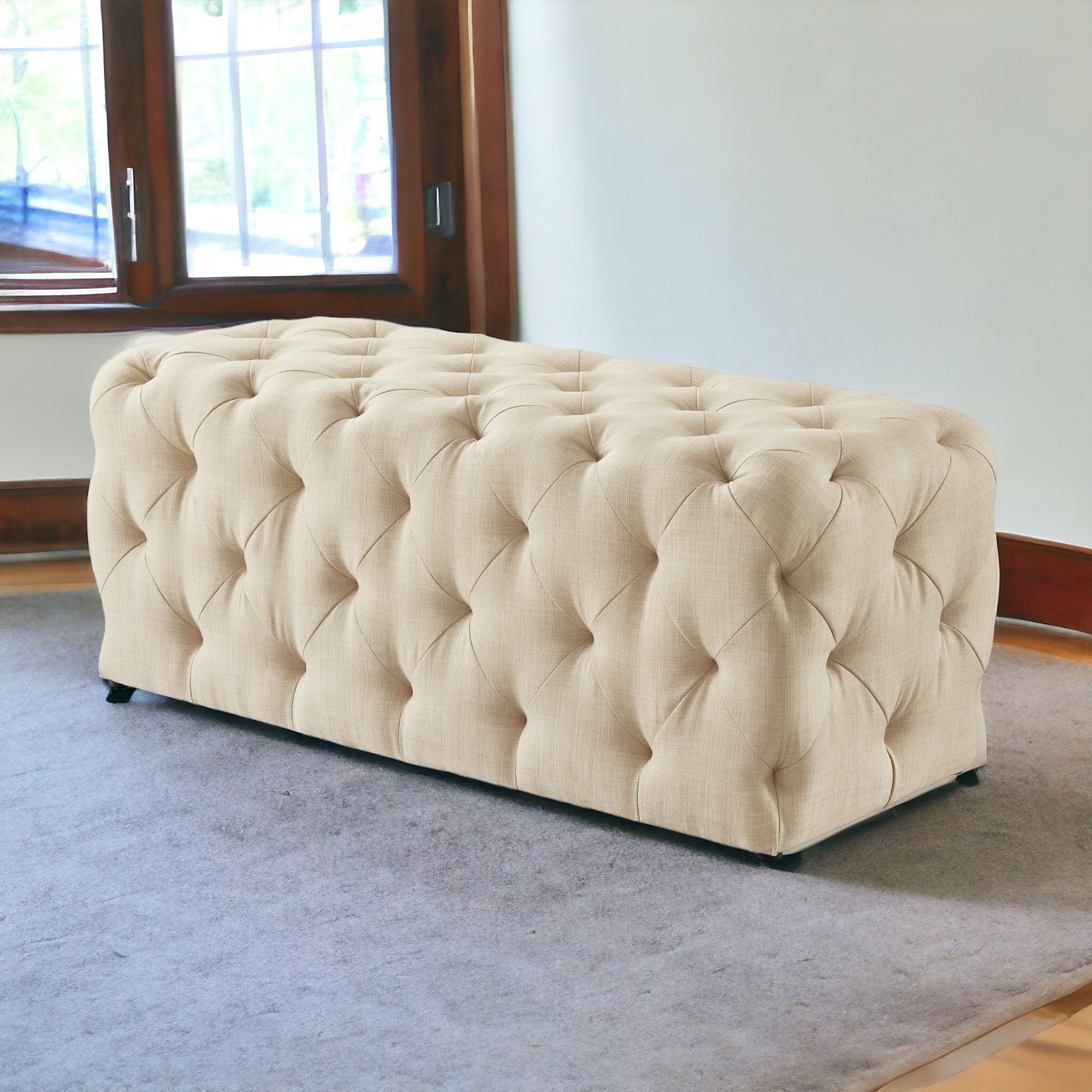 48" Cream And Black Upholstered Linen Bench