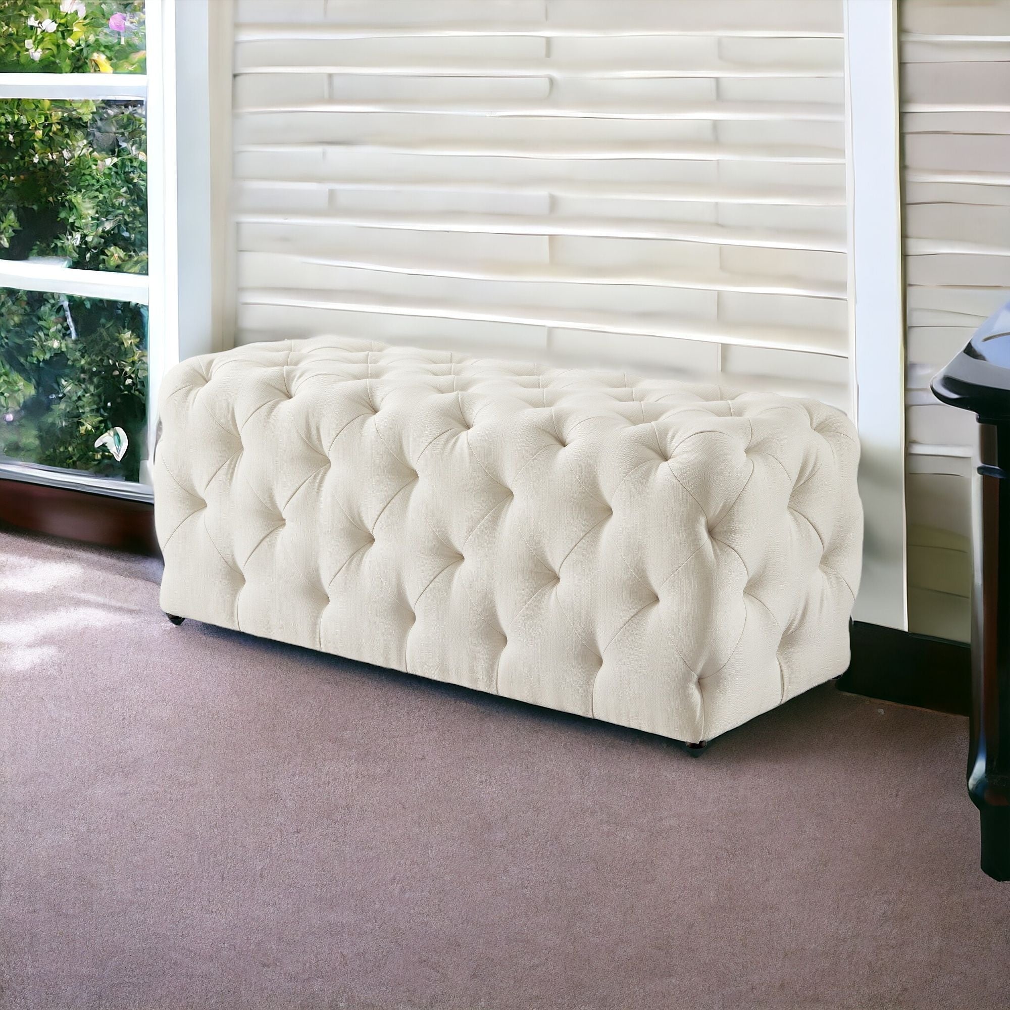 48" Cream And Black Upholstered Linen Bench