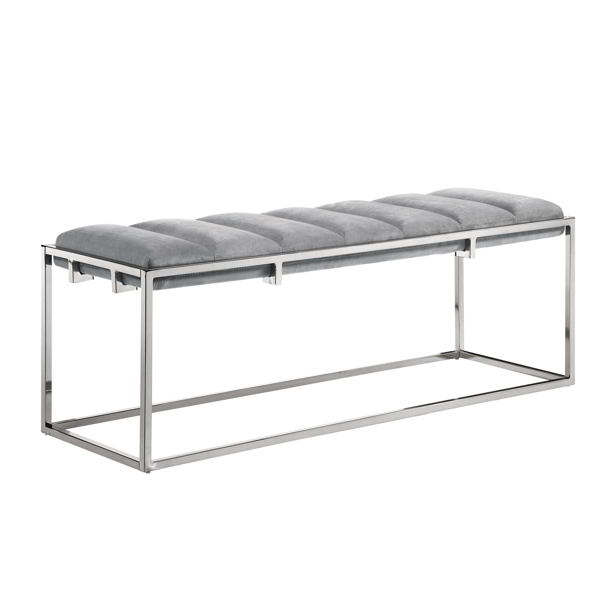 50" Gray And Silver Upholstered Velvet Bench