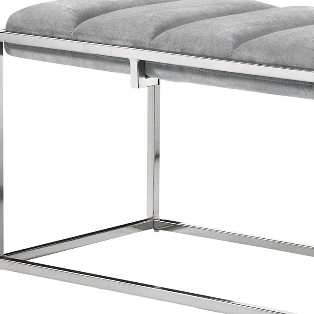 50" Gray And Silver Upholstered Velvet Bench