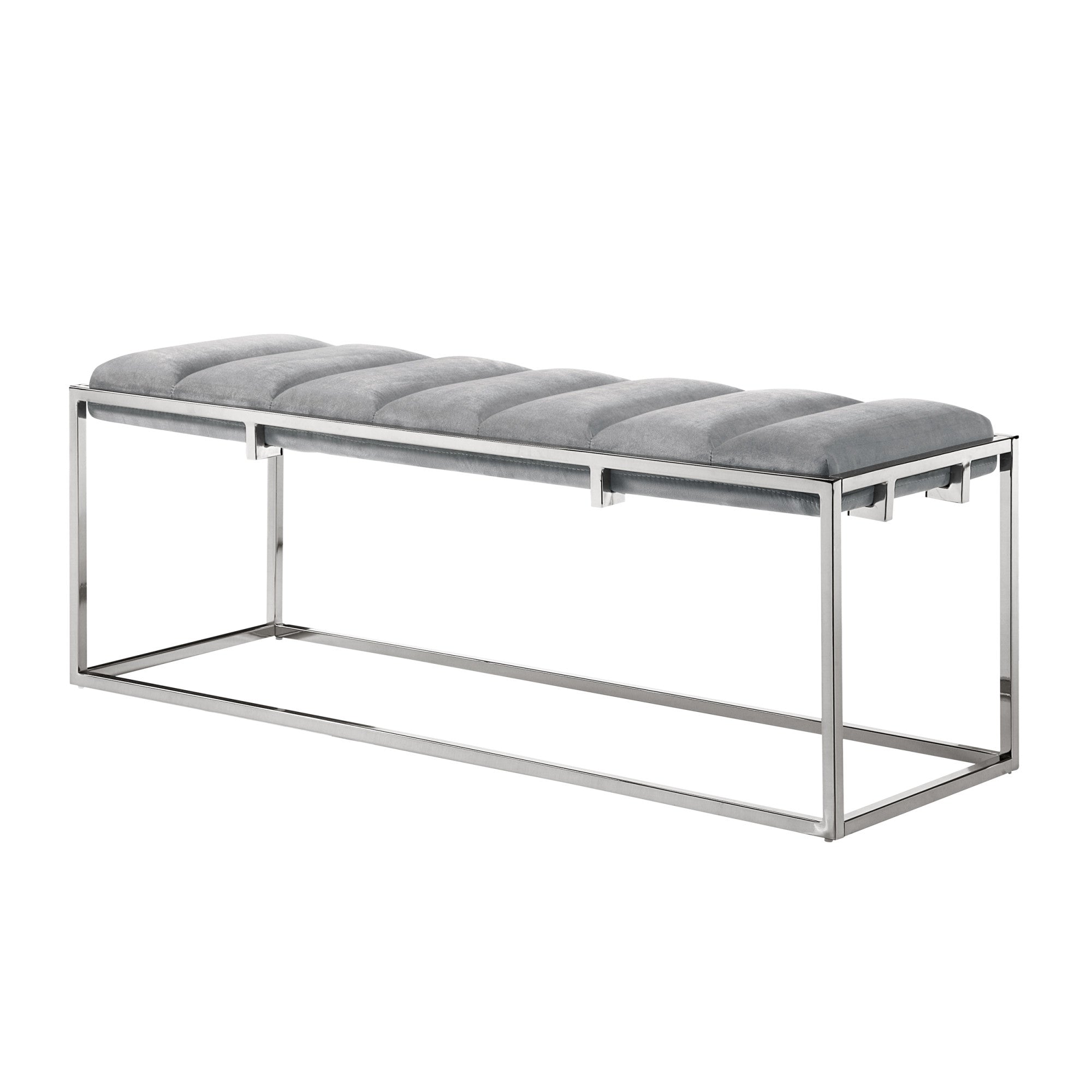 50" Gray And Silver Upholstered Velvet Bench