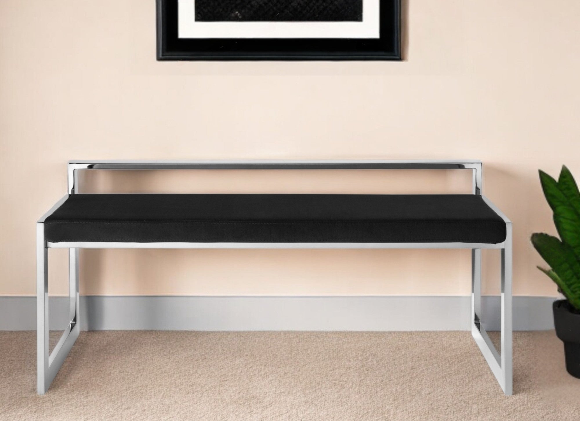 48" Black And Silver Upholstered Velvet Bench