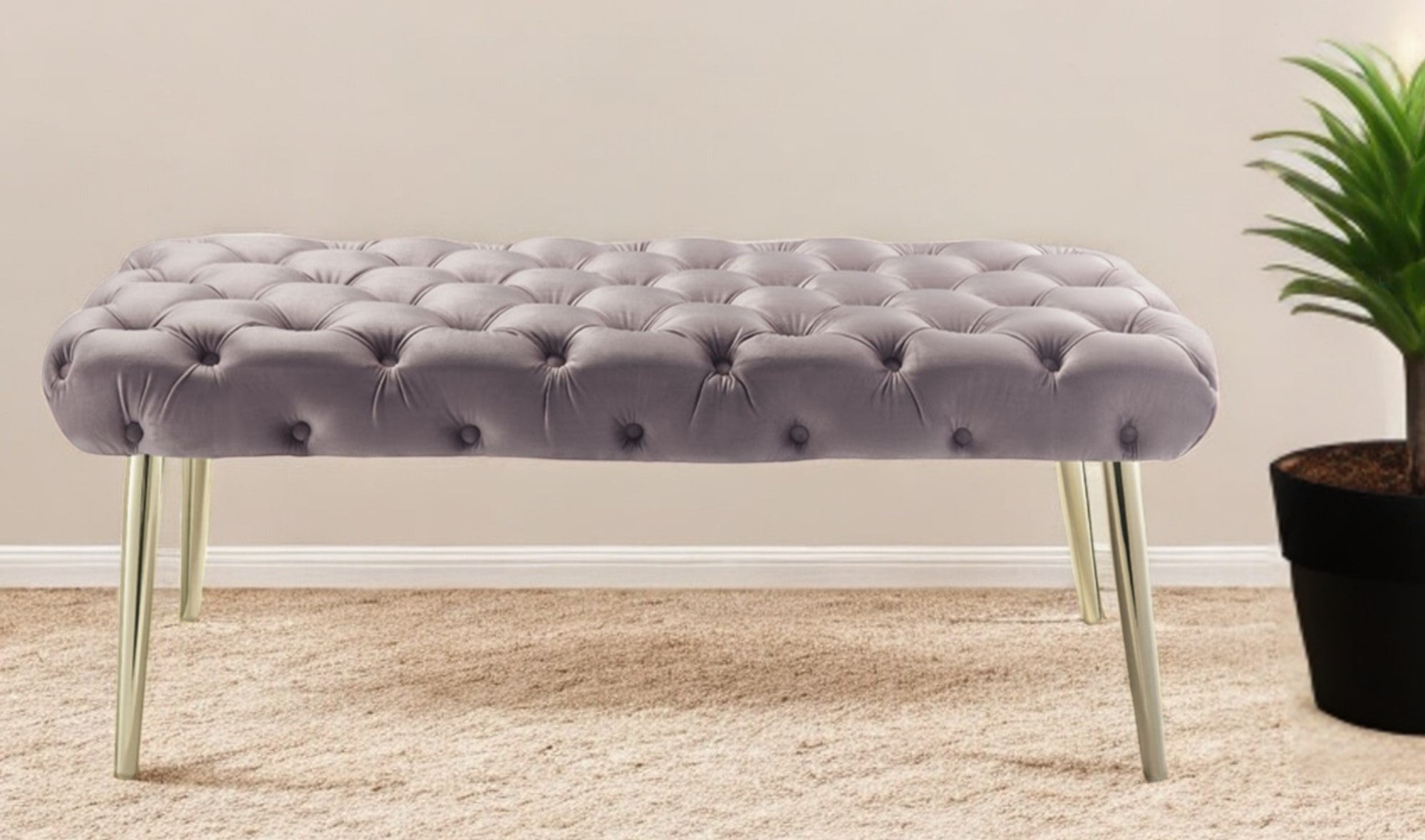 48" Lilac And Gold Upholstered Velvet Bench