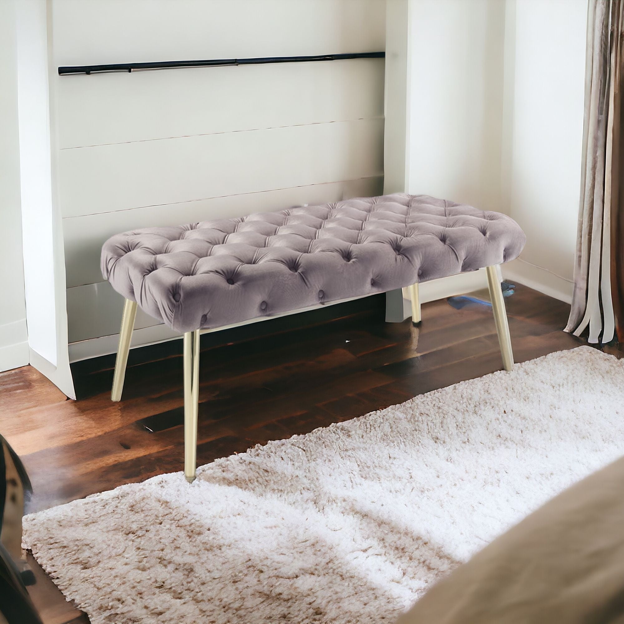 48" Lilac And Gold Upholstered Velvet Bench