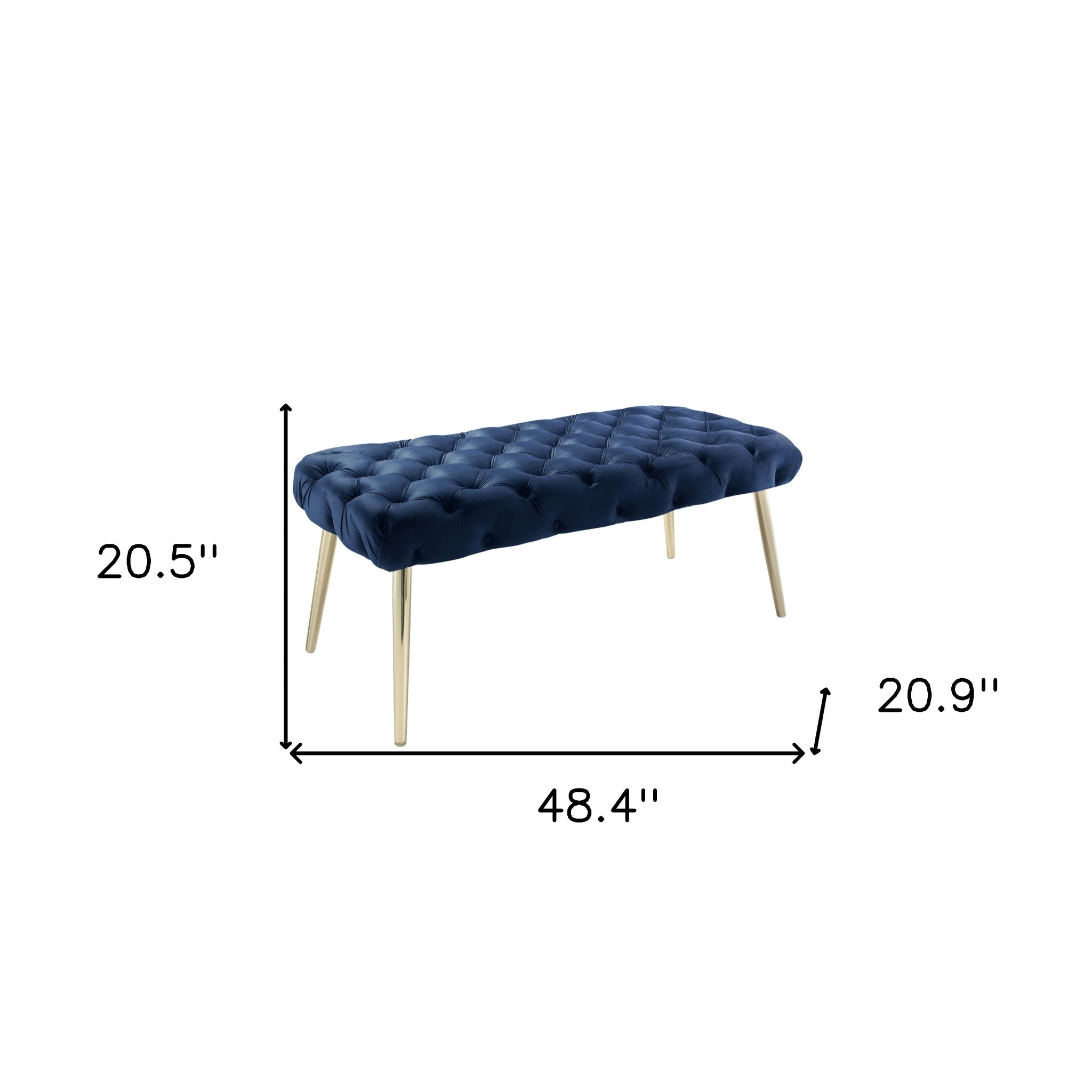 48" Navy Blue And Gold Upholstered Velvet Bench