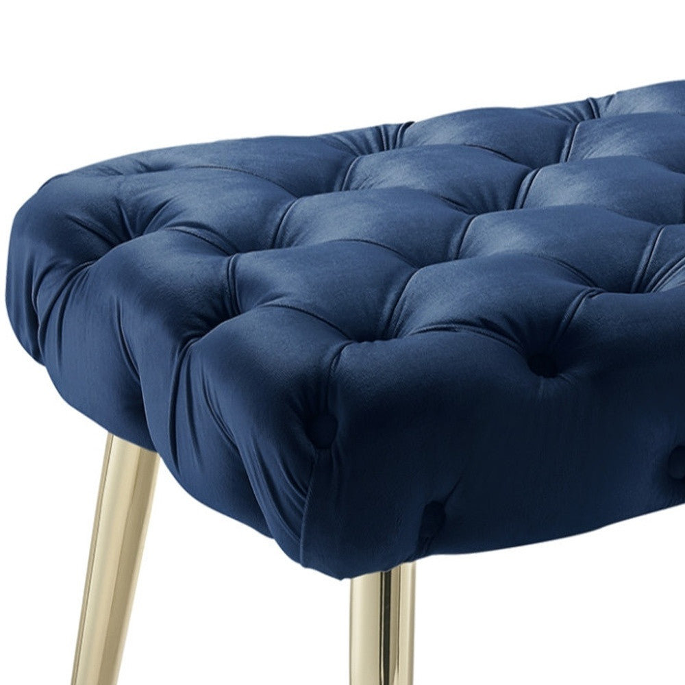 48" Navy Blue And Gold Upholstered Velvet Bench