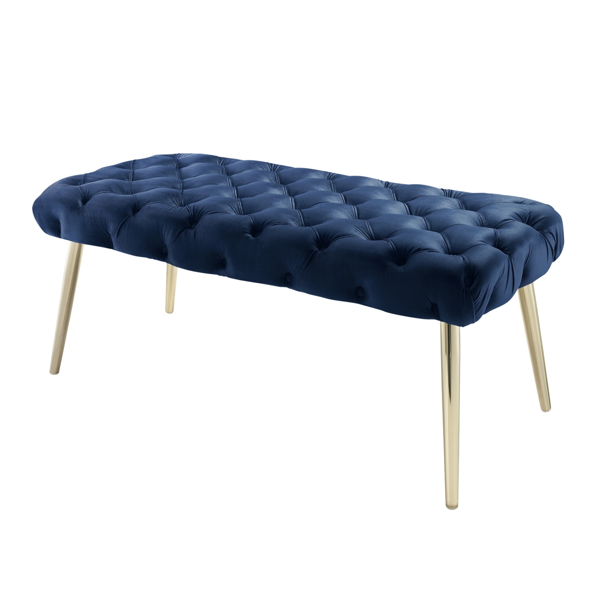 48" Navy Blue And Gold Upholstered Velvet Bench