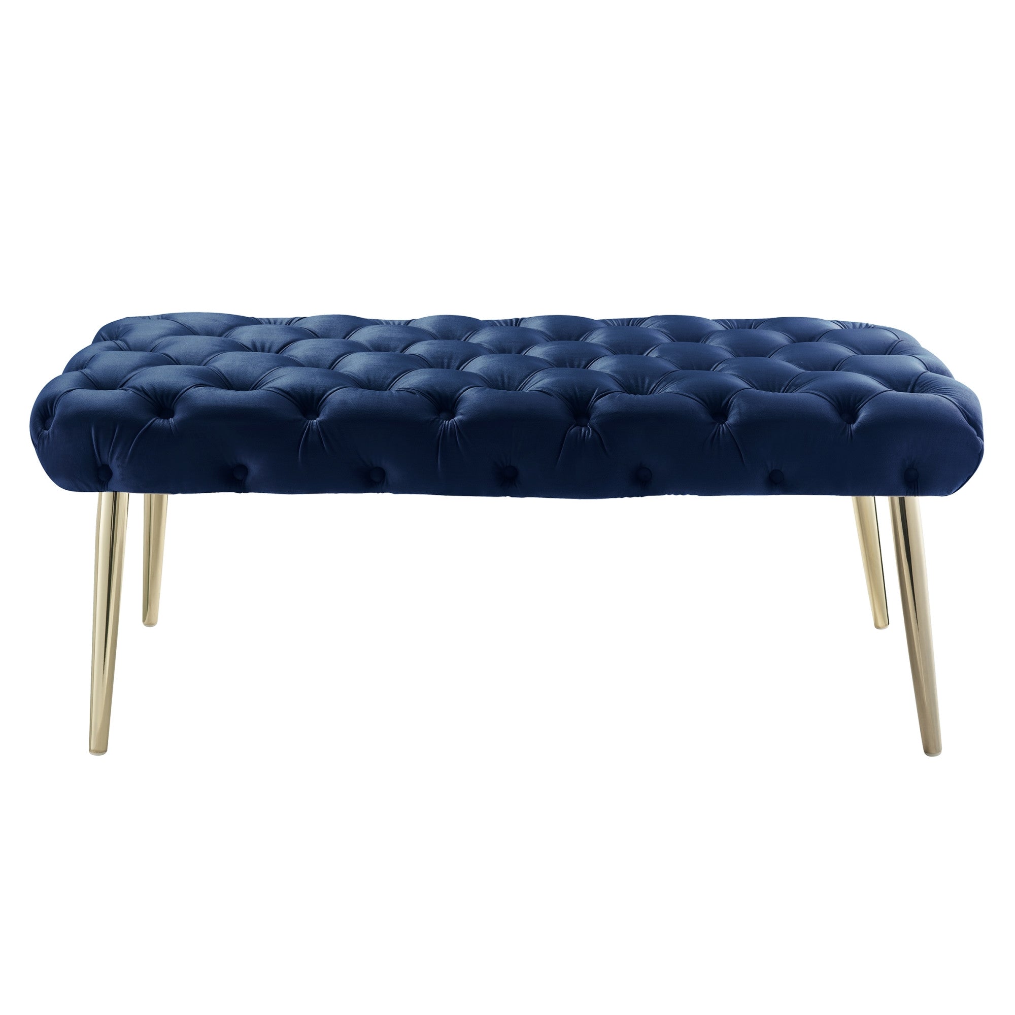 48" Navy Blue And Gold Upholstered Velvet Bench