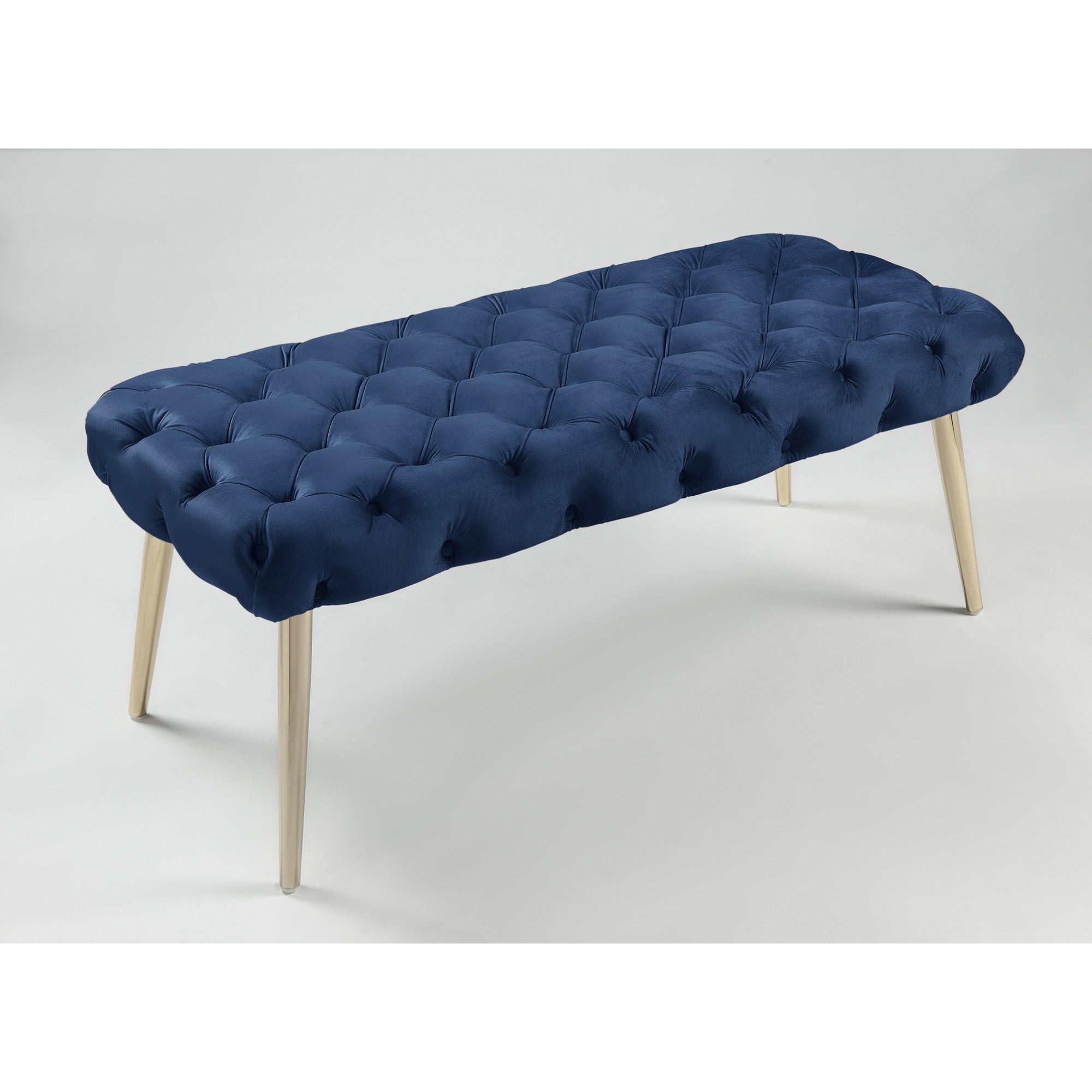 48" Navy Blue And Gold Upholstered Velvet Bench