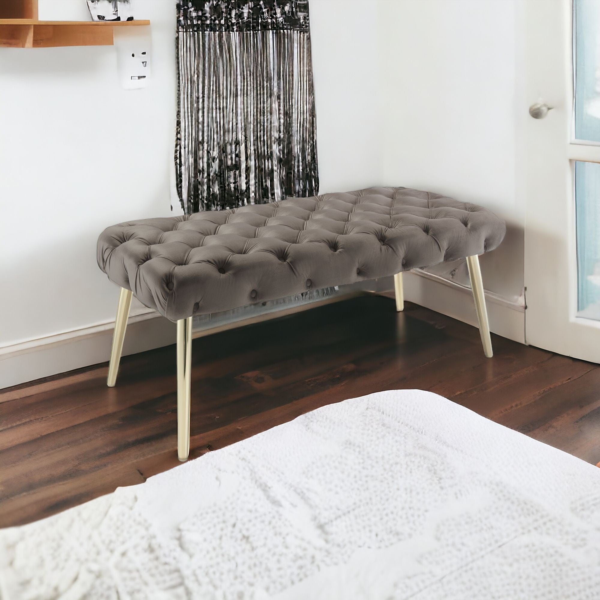 48" Navy Blue And Gold Upholstered Velvet Bench