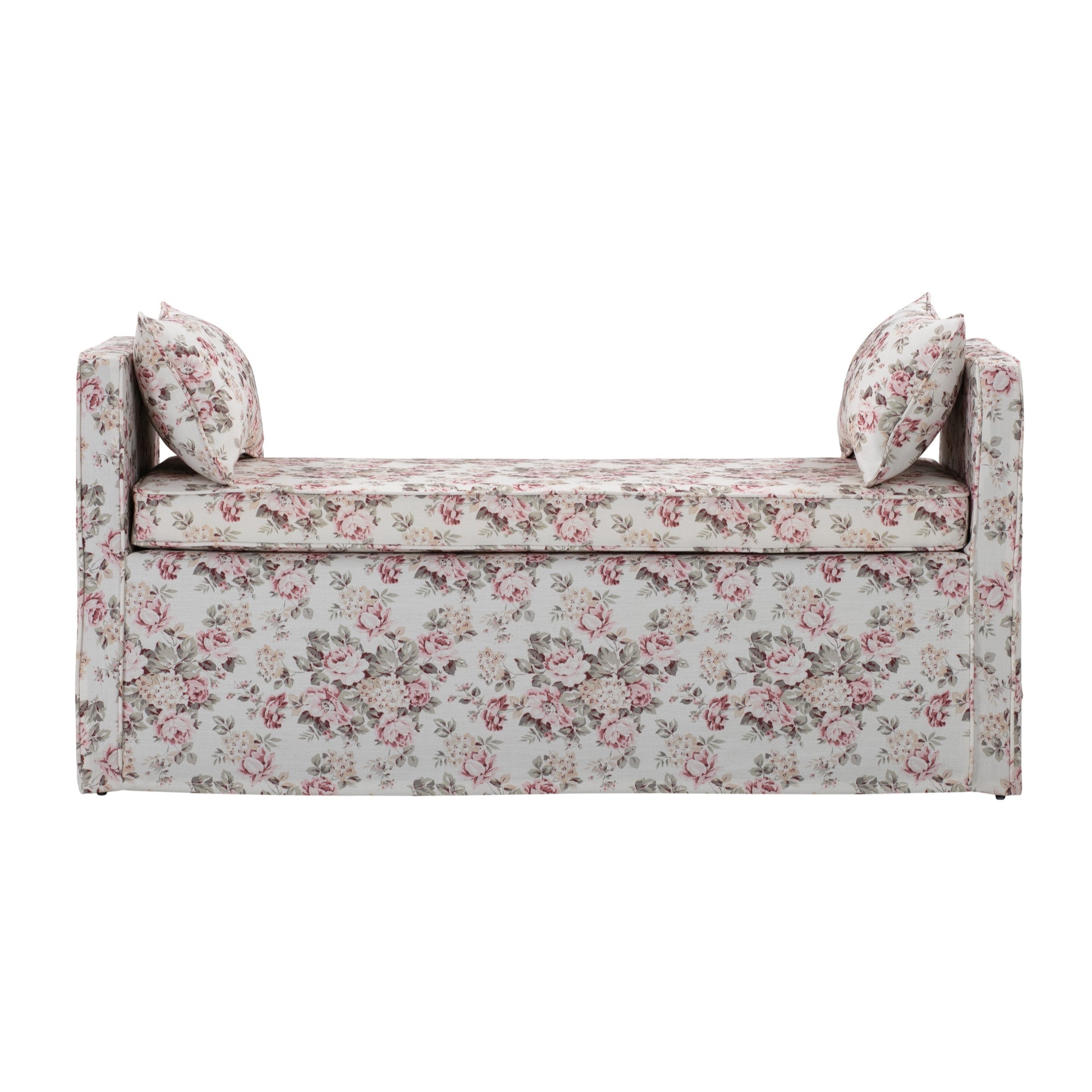 53" White and Red Upholstered Linen Floral Bench