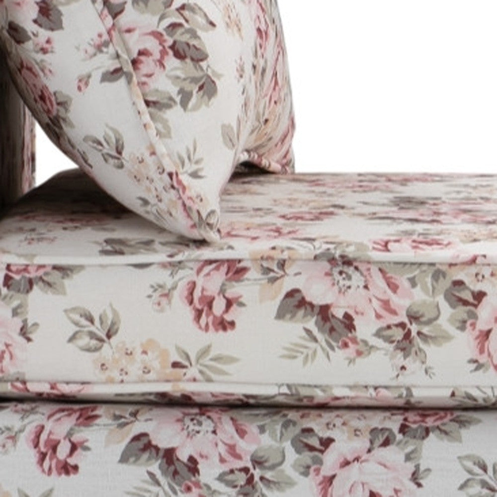 53" White and Red Upholstered Linen Floral Bench