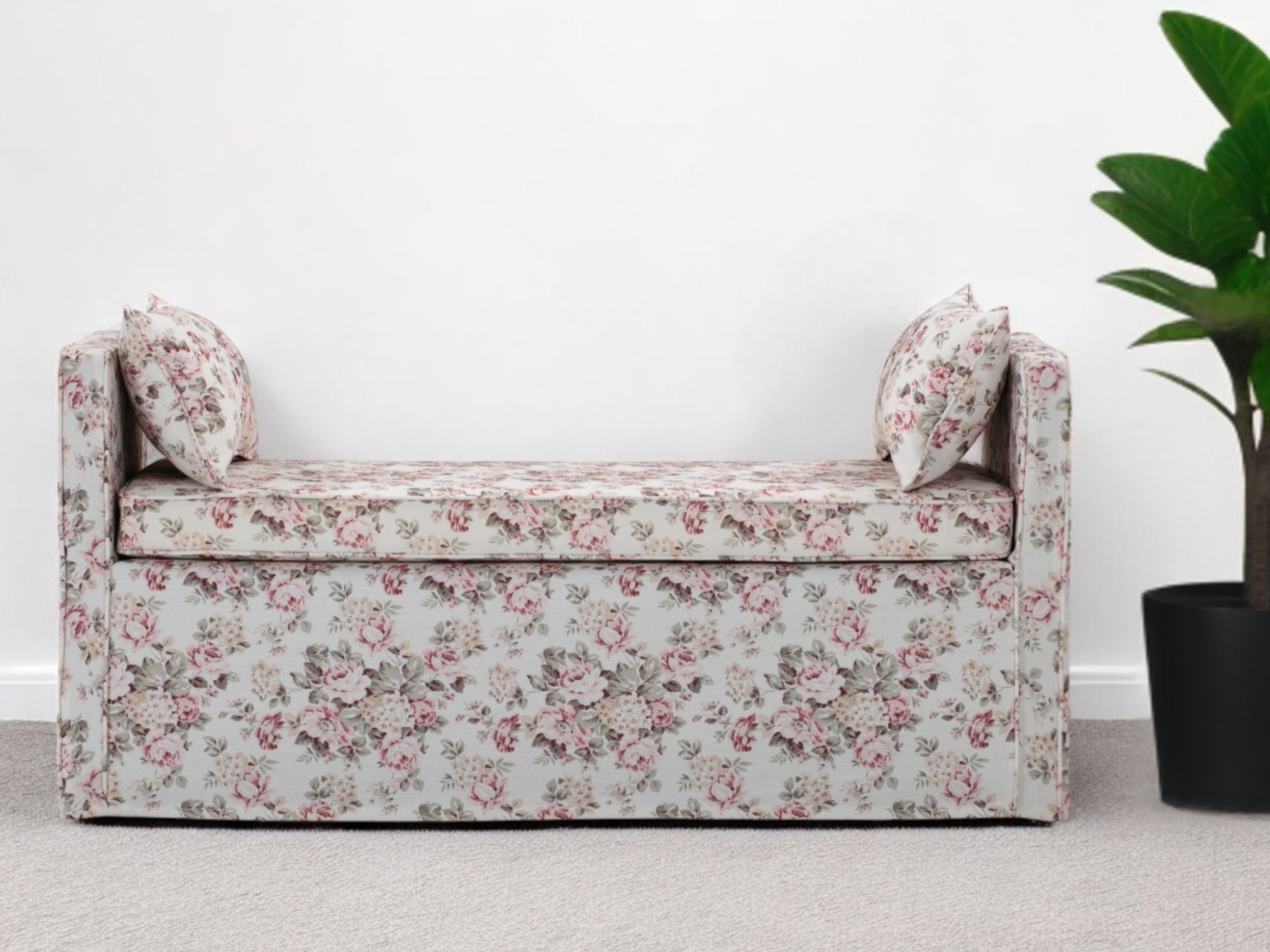 53" White and Red Upholstered Linen Floral Bench