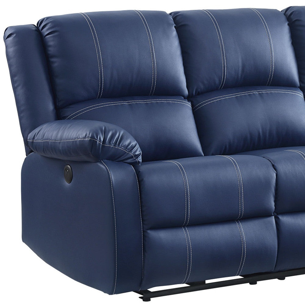 81" Blue Faux Leather Reclining USB Sofa With Black Legs