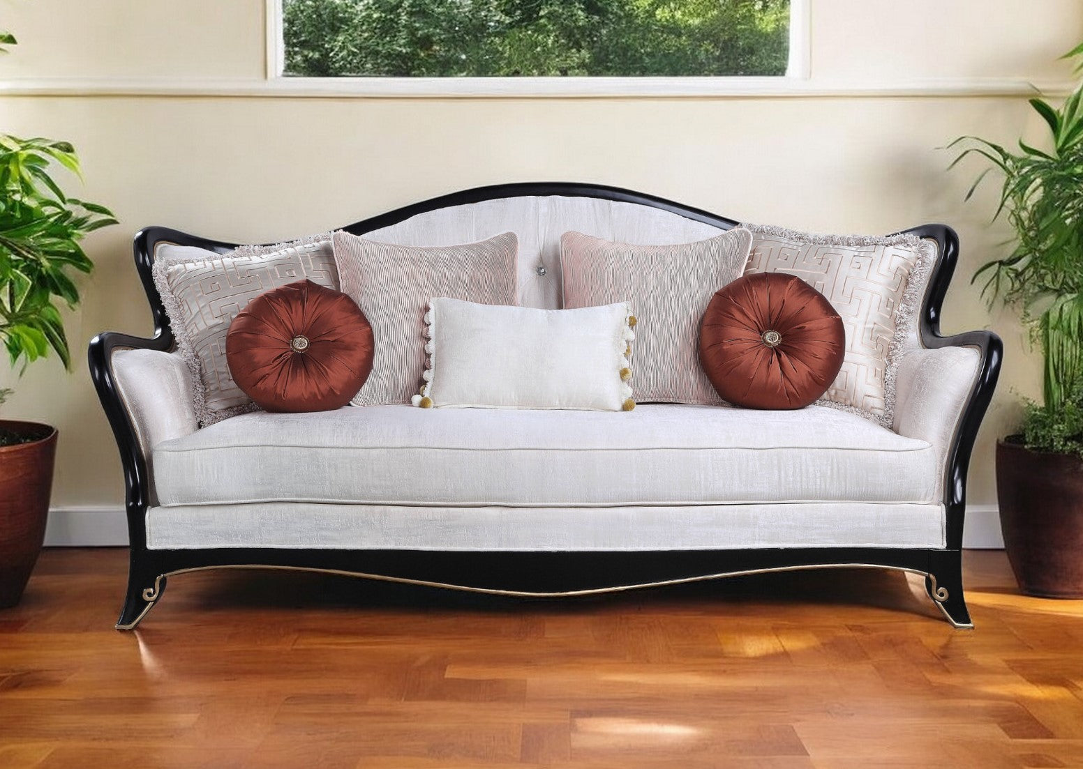 86" Beige Sofa And Toss Pillows With Black Legs