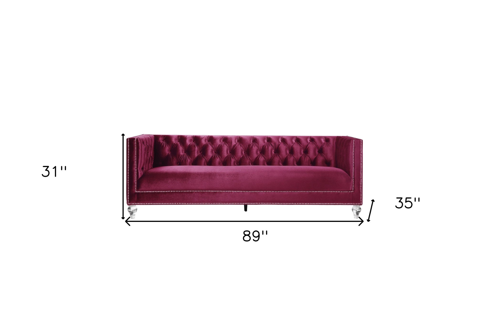 89" Burgundy Velvet Sofa And Toss Pillows With Black Legs