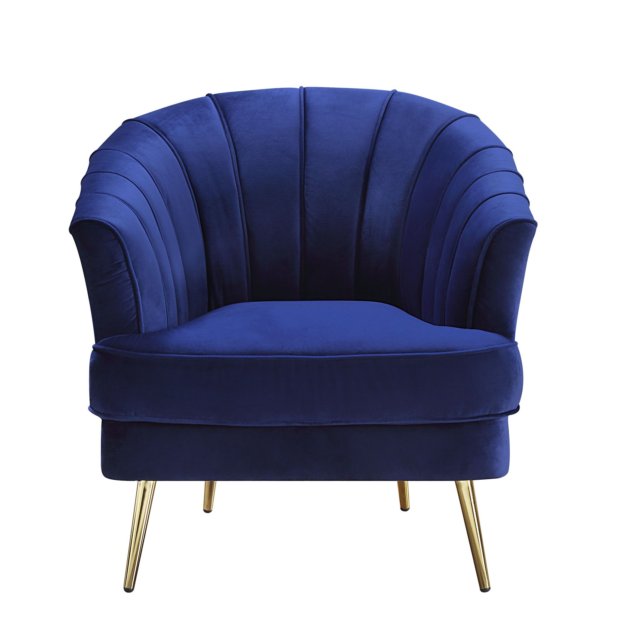 31" Blue Velvet And Gold Striped Barrel Chair