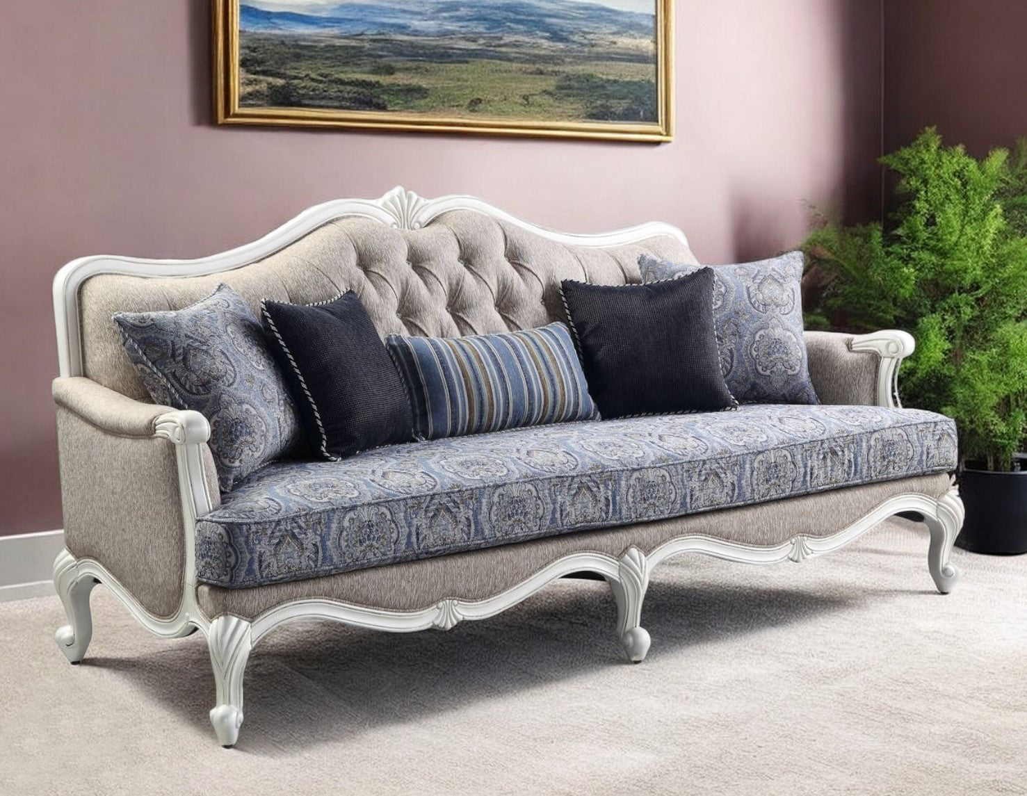 88" Cream Linen Damask Sofa And Toss Pillows With White Legs