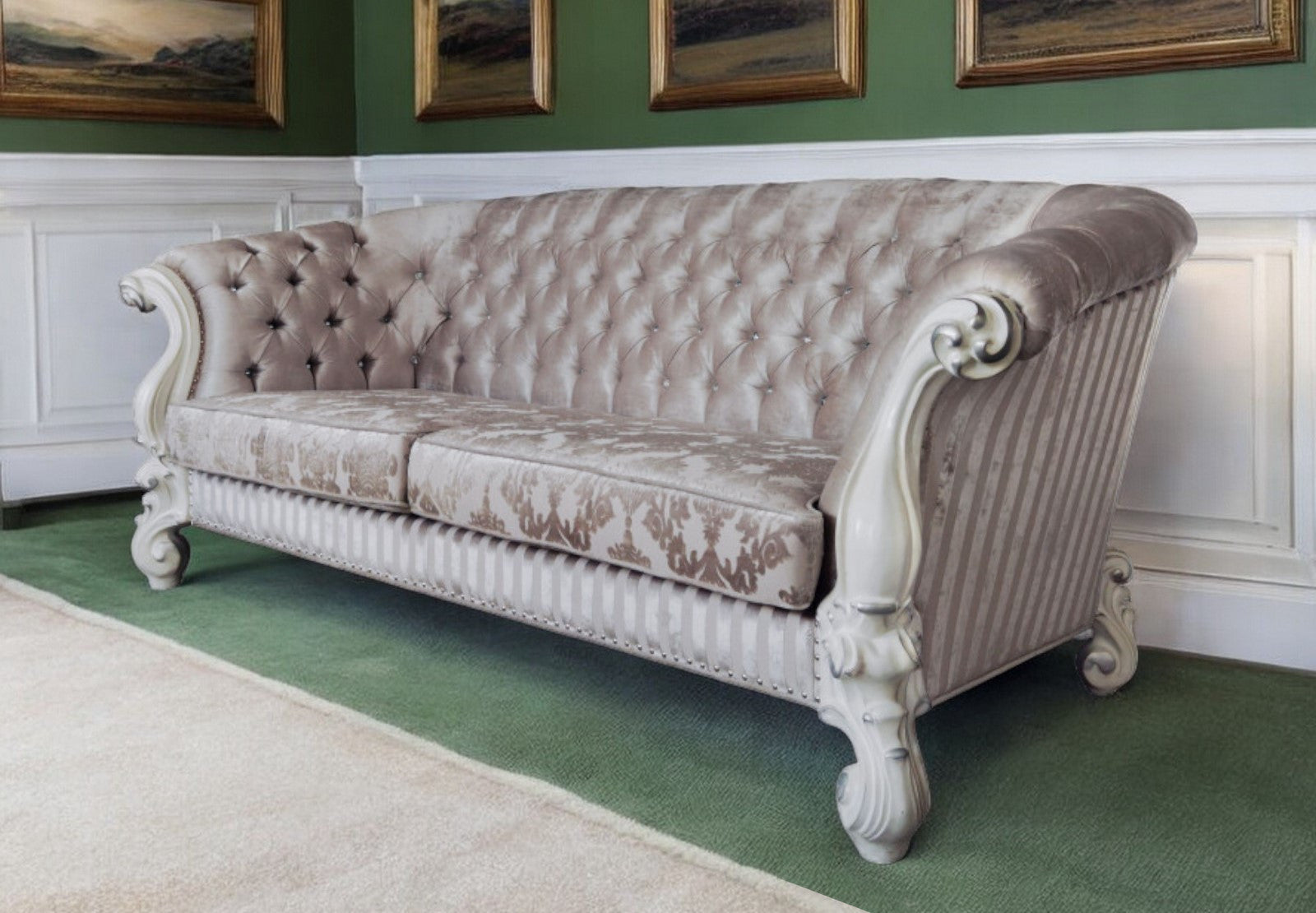 99" Ivory Velvet Damask Sofa And Toss Pillows With Bone Legs