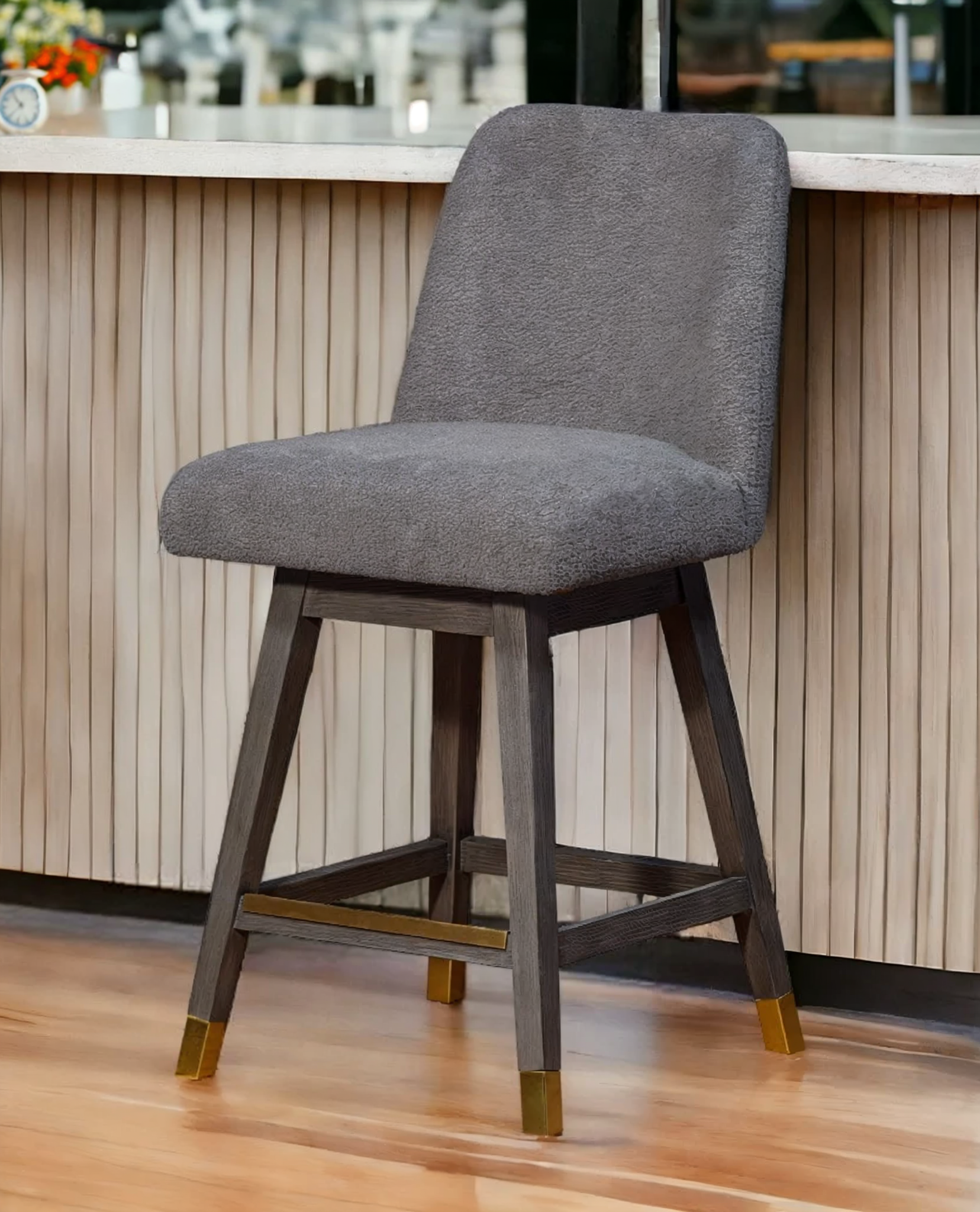 26" Gray Solid Wood Swivel Bar Height Bar Chair