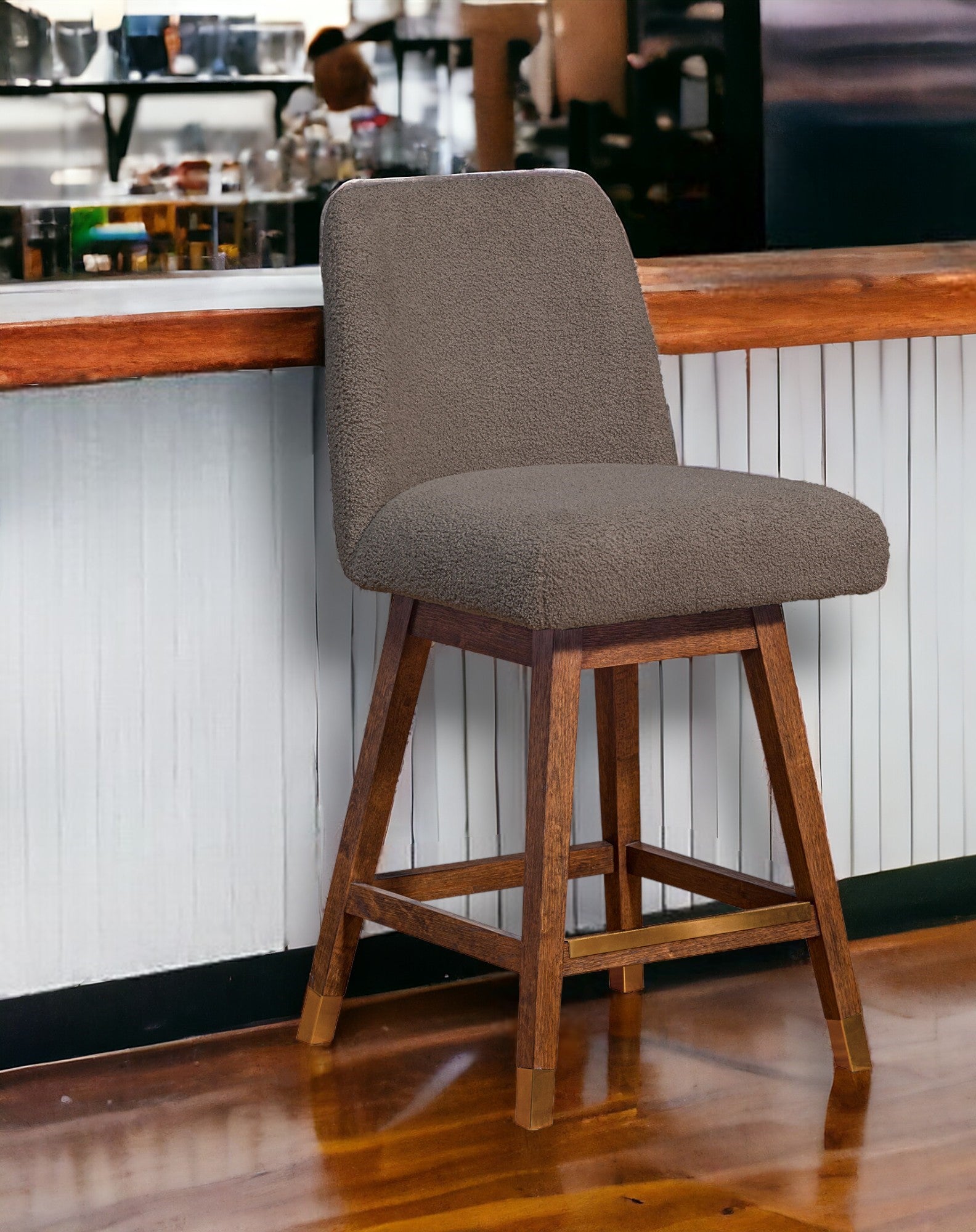 26" Taupe And Brown Upholstered And Solid Wood Swivel Counter Height Bar Chair